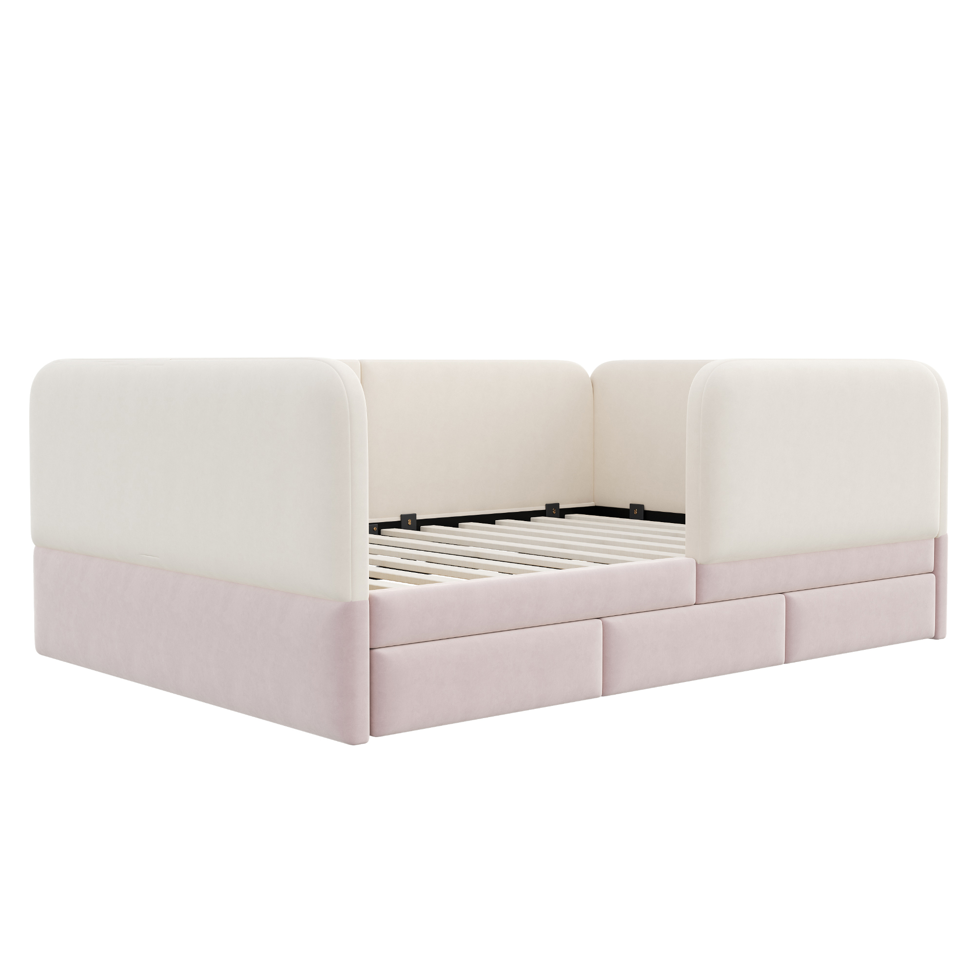 Présentation de Lit rembourré en velours 140 x 200 cm avec tiroirs, protection rembourrée et angles arrondis, Beige et Rose, sans matelas