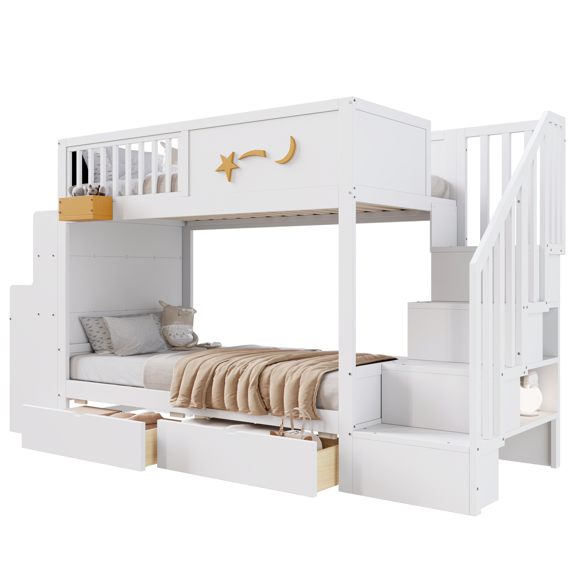 Dimensions et détails du lit superposé enfant 90 x 200 cm en bois avec bureau, tiroirs, escalier de rangement et finition blanc