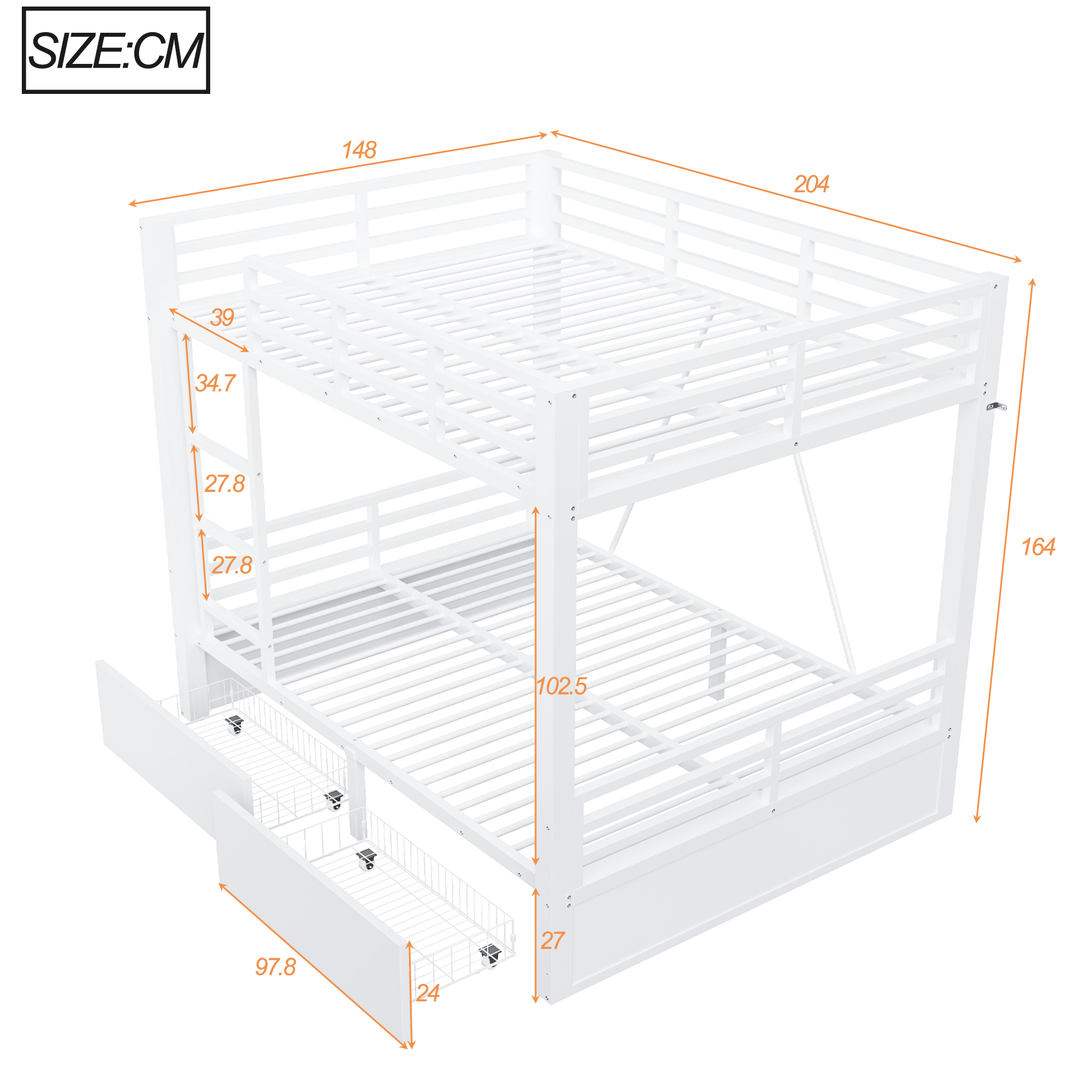 Lit superposé gain de place 204x148x164 cm en métal + bois Blanc - vue complémentaire 1