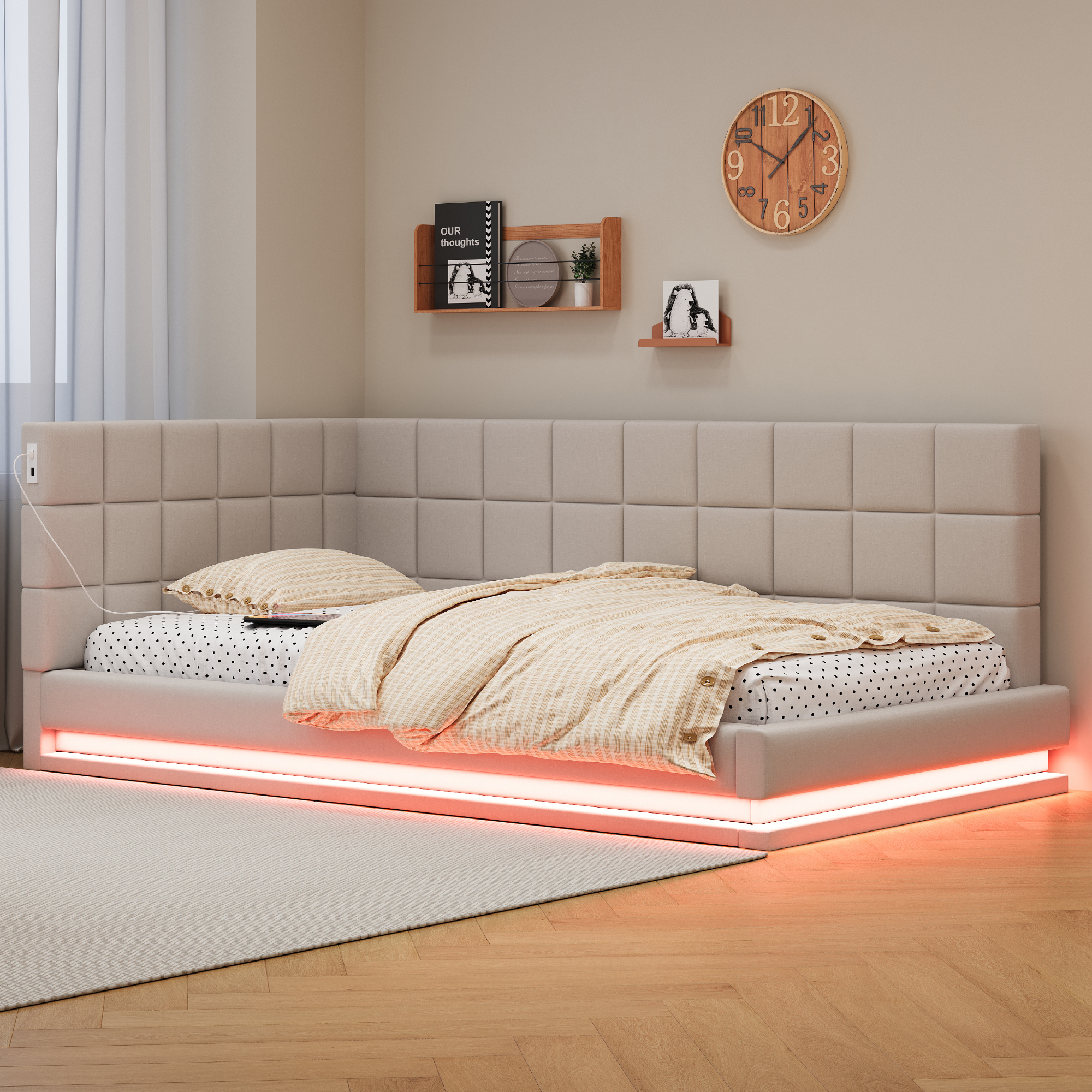 Lit canapé 90x200 lin beige LED