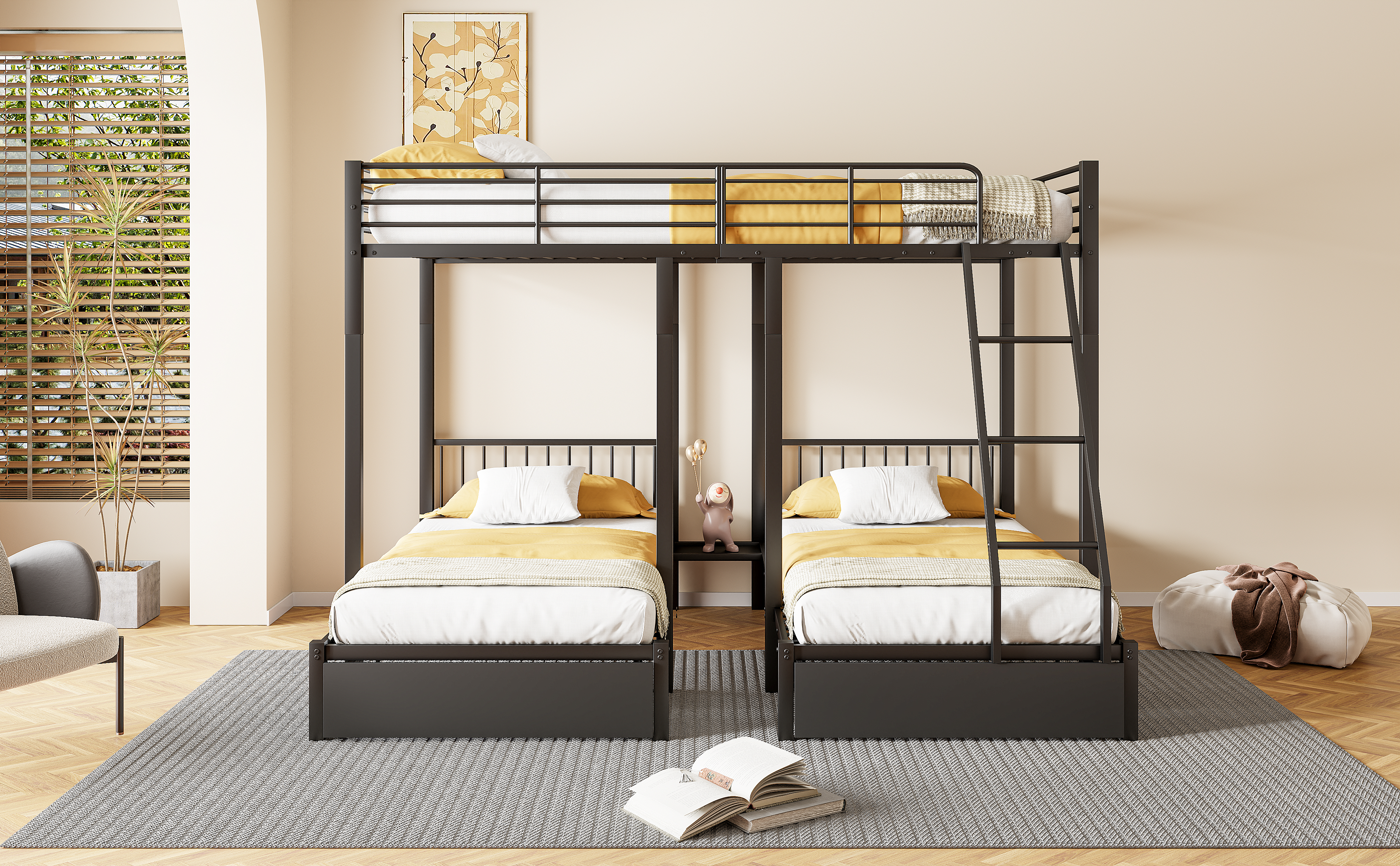 Lit triple 140×200 + 2×90×200 cm, 2 tiroirs escamotables, divisible en 3 lits séparés, barrières continues, pour famille et invités, gain de place vertical, stabilité, sécurité, fonctionnalité, durabilité - image 8