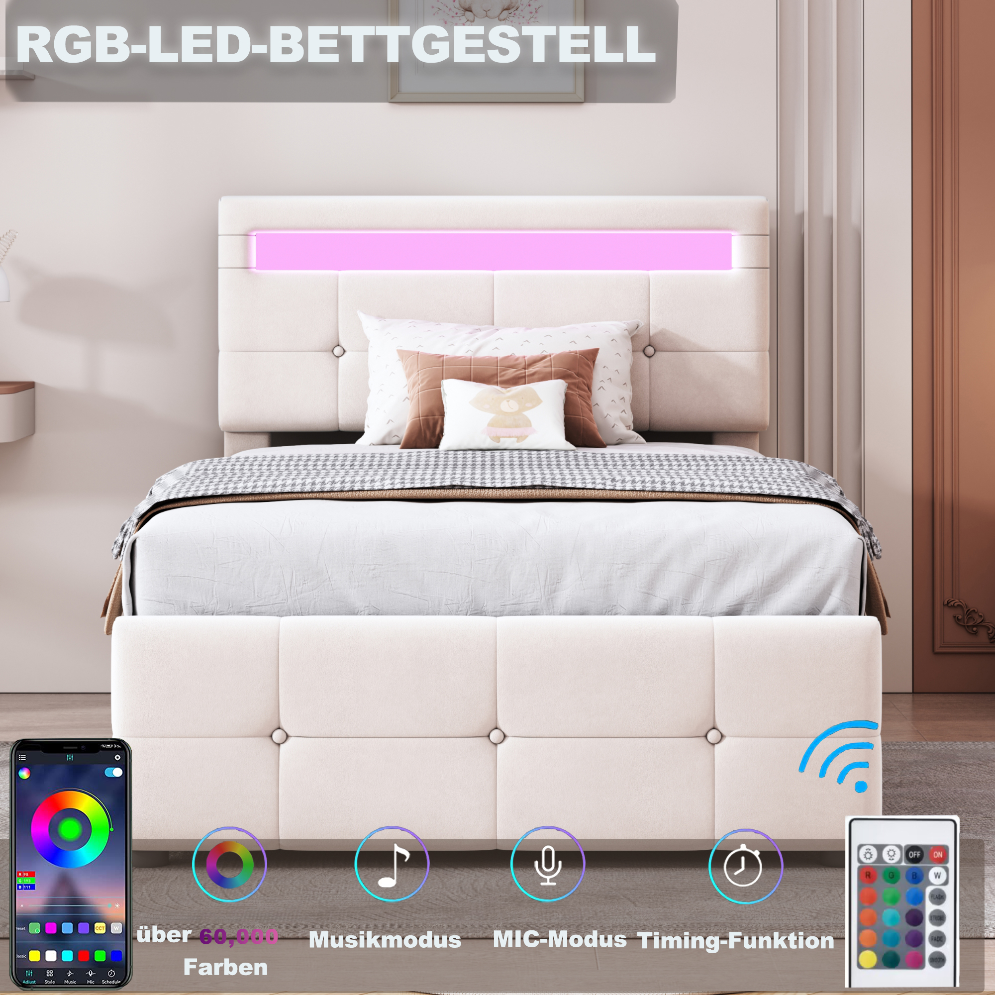 Polsterbett Kinderbett 90x200 cm, Mit LED-Beleucht