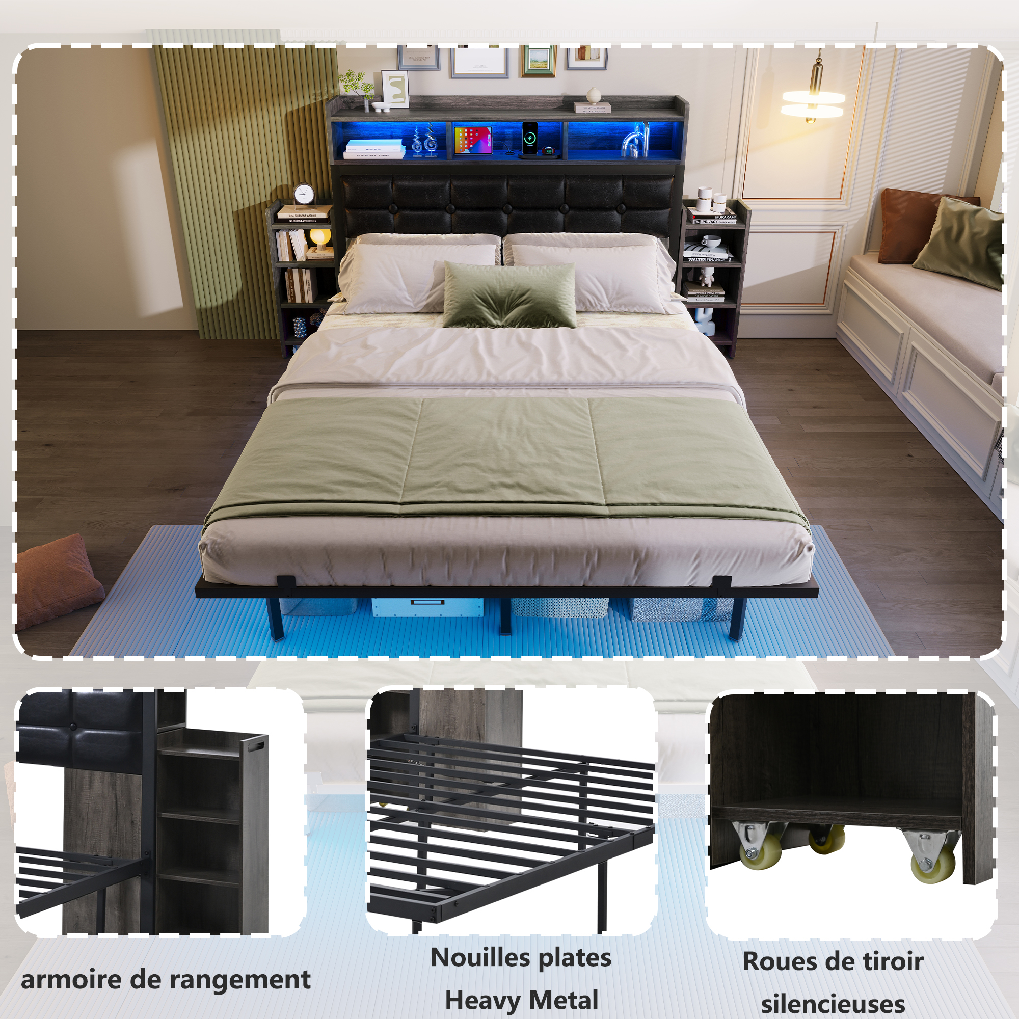lit double flottant rembourré avec bande LED tête‑pied, commande appli ou télécommande