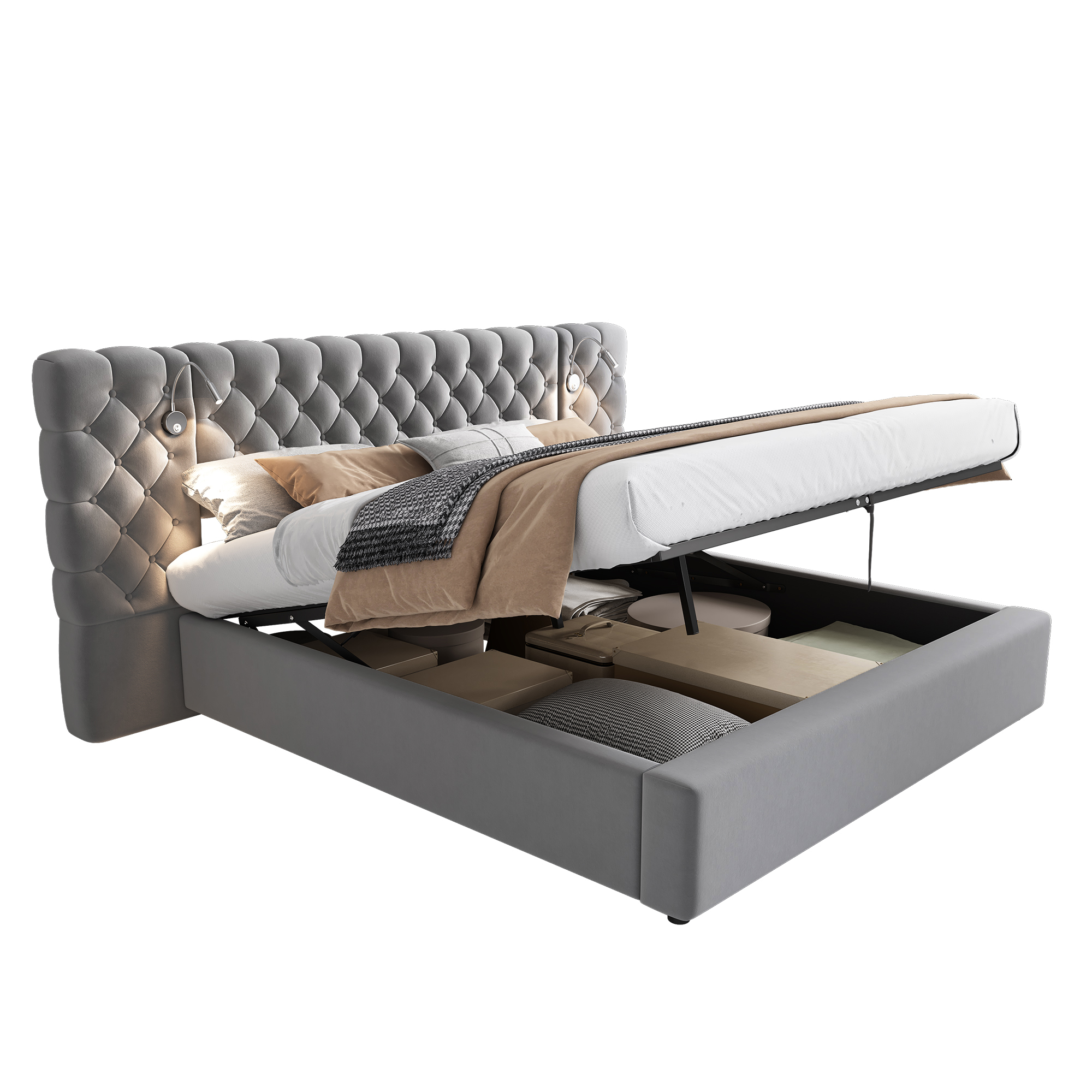 Détails de Lit coffre rembourré en velours 180 x 200 cm avec rangement hydraulique, LED, lampe de lecture et sommier à lattes, Gris, sans matelas