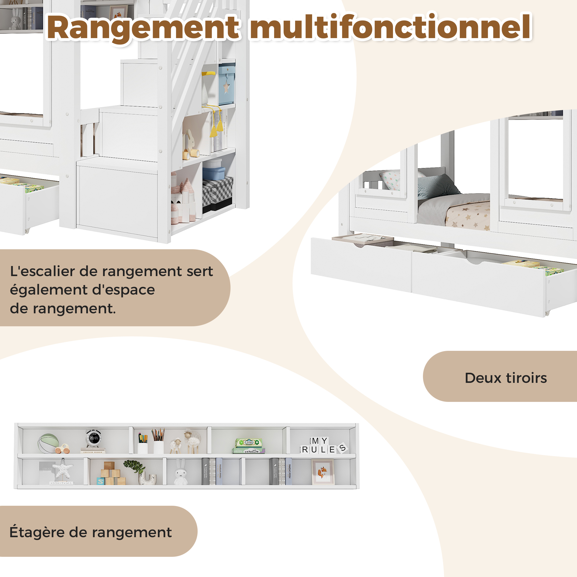 Lit superposé 90 x 200 cm, escalier de rangement, 1 tiroir, design cabane, garde-corps, bois massif et MDF, blanc, 254 x 97 x 170 cm 🏠 - spécifications 1