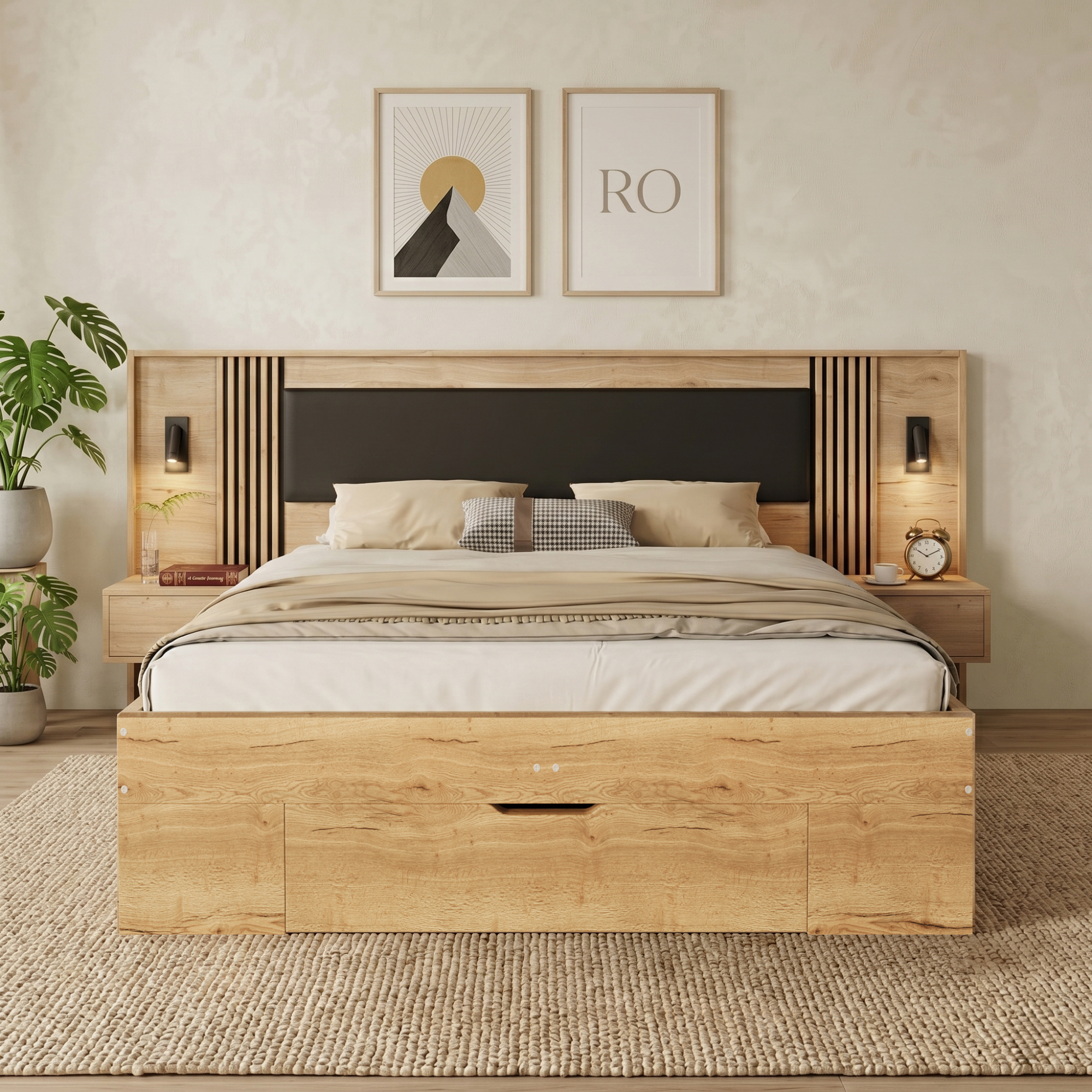 Lit double 180x200 naturel rangements