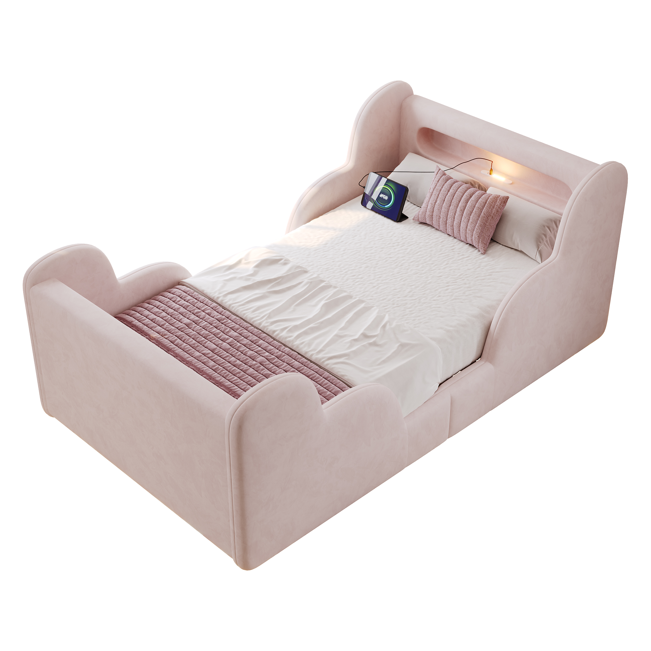 Détail lit enfant velours rose sécurité