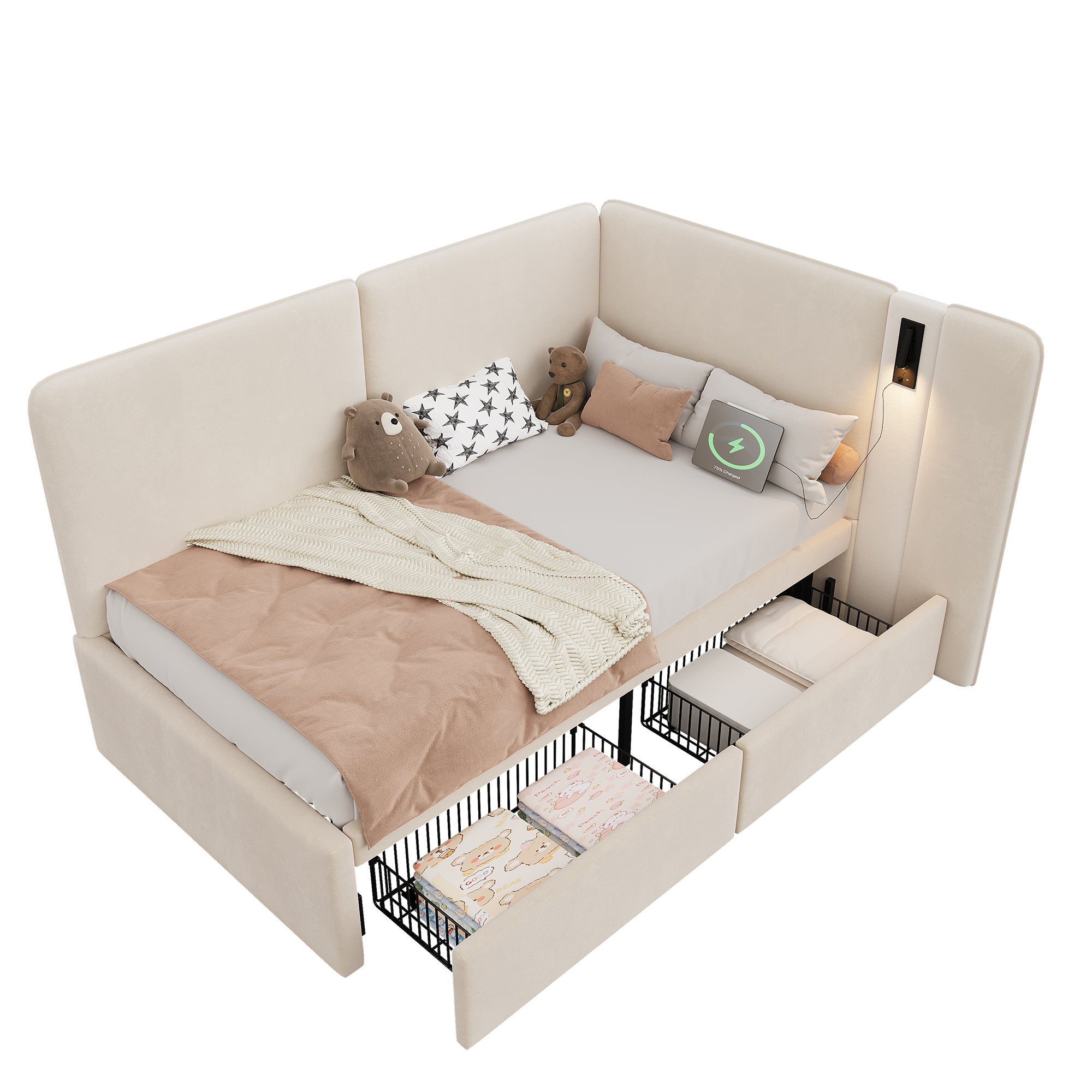 Lit jour design beige velours moderne