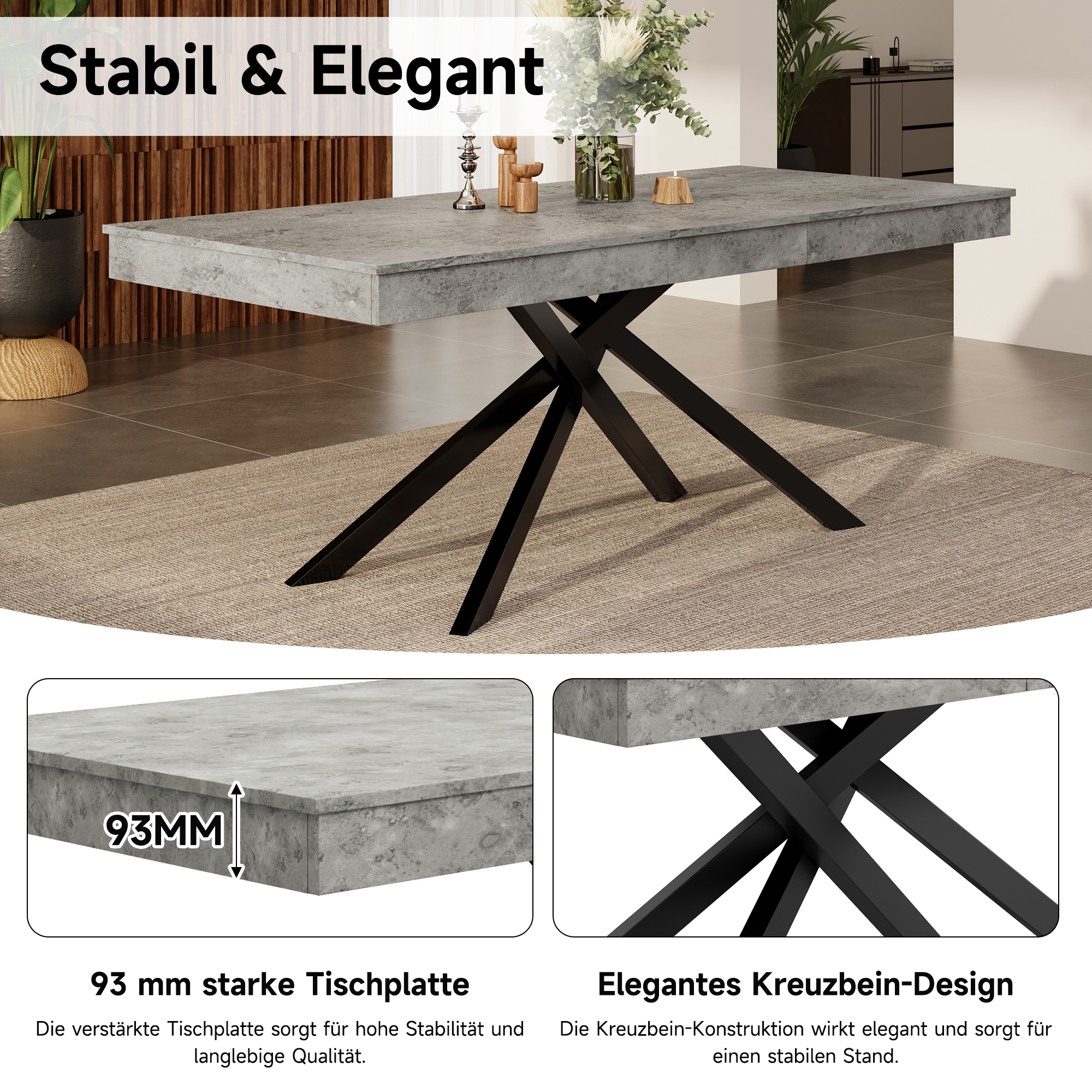 Table à manger extensible 140-180 cm pour 6-8 personnes, plateau 93 mm, pieds croisés, design épuré, pour salle à manger, stabilité et durabilité, usage quotidien et réunions, style élégant moderne - image 4