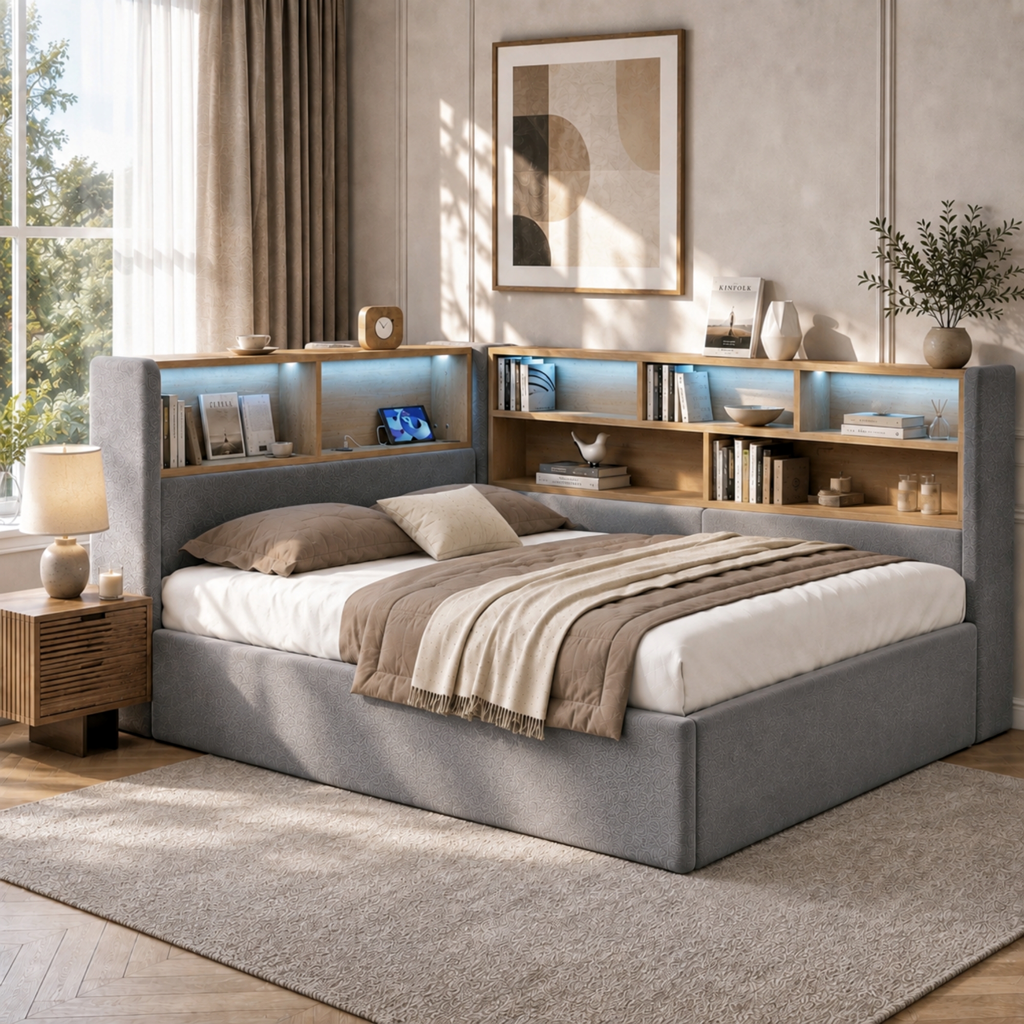 Lit banquette 140x190 cm en velours gris avec coffre hydraulique, LED, USB et Type-C