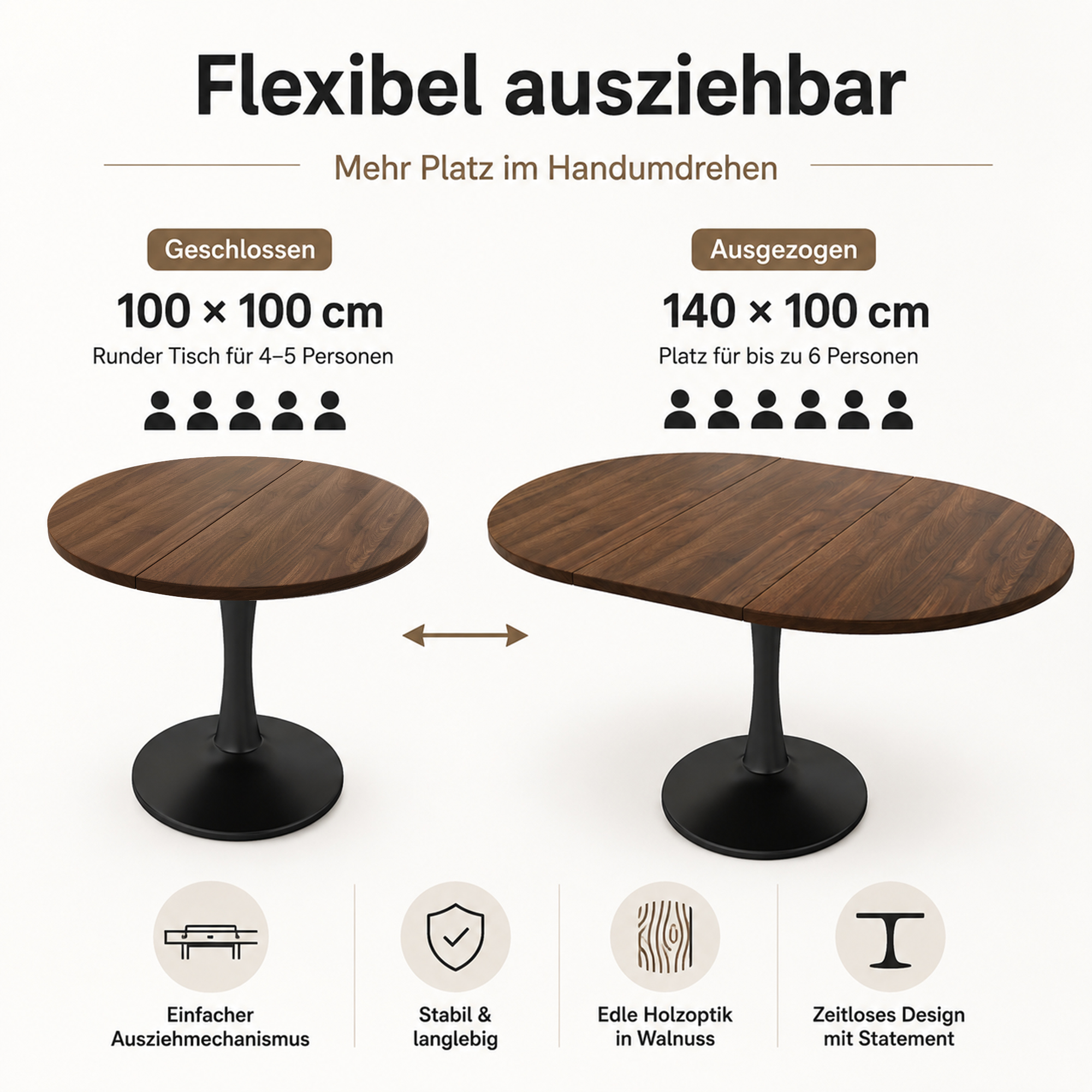 Table à manger extensible ovale 100–140 cm x 100 x 75 cm, MDF, Effet noyer - vue principale