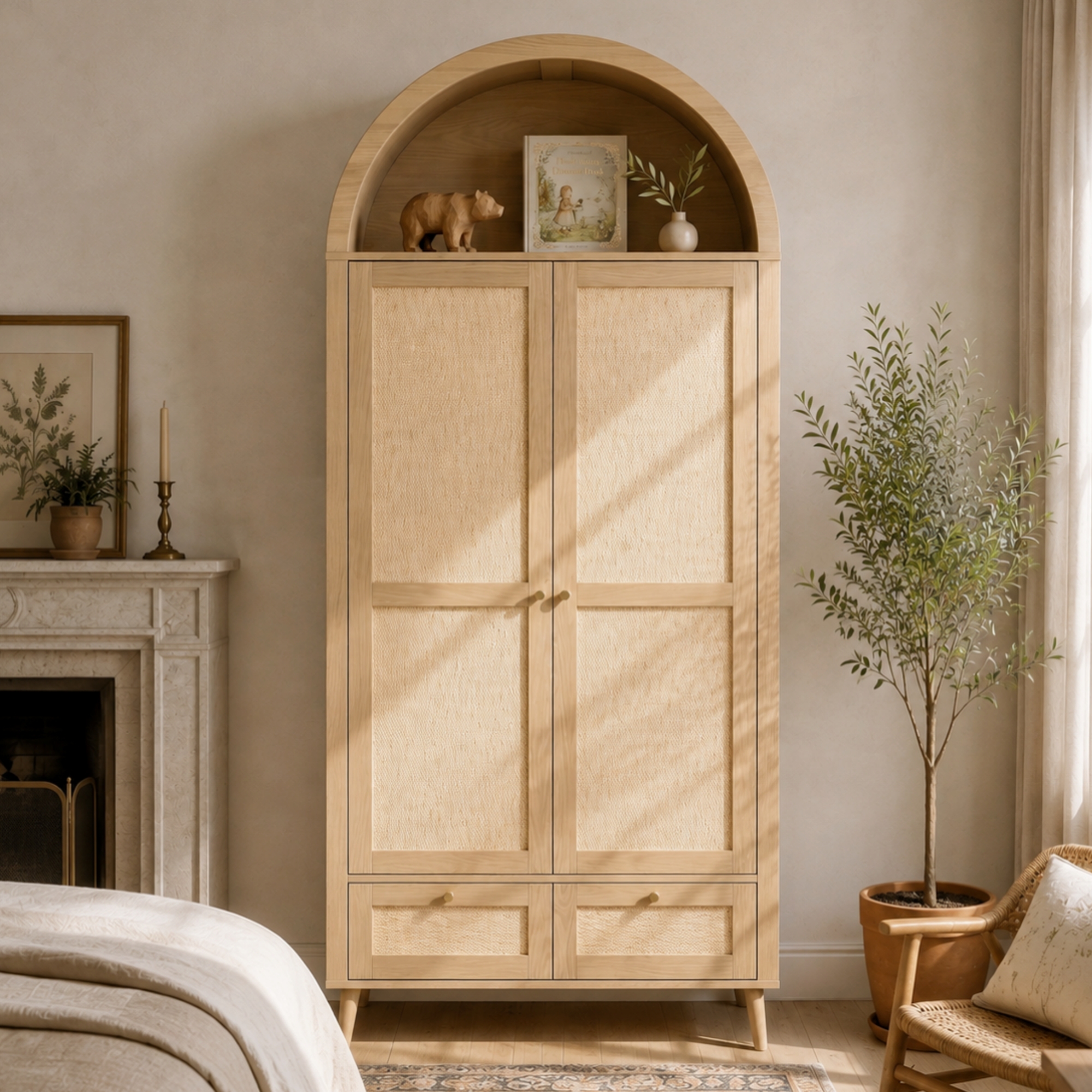 Armoire effet chêne naturel avec design arqué et façade imitation rotin