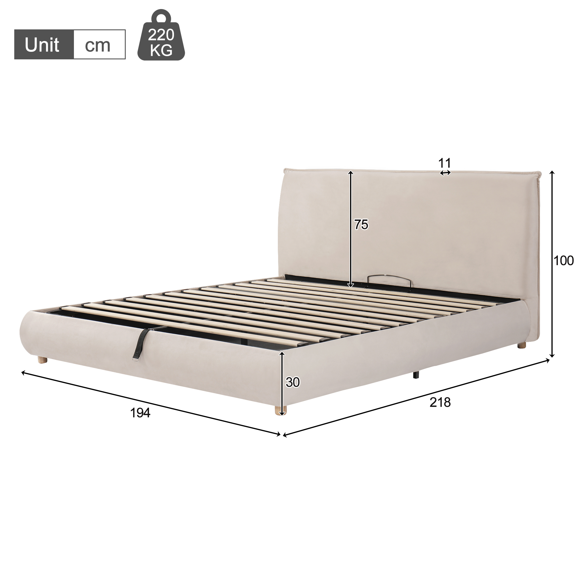 Dimensions lit double 180x200 creme velours