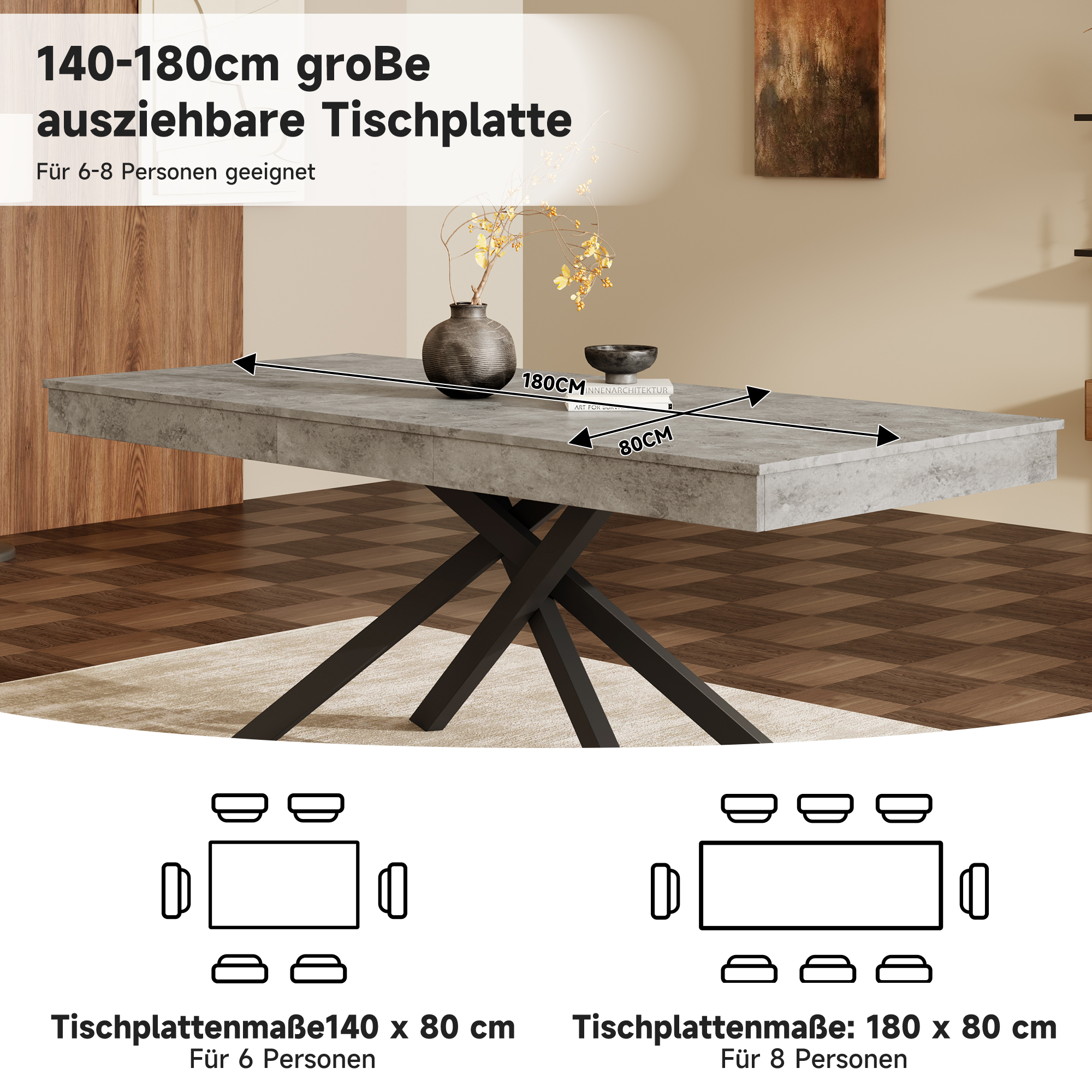 Table à manger extensible 140-180 cm pour 6-8 personnes, plateau 93 mm, pieds croisés, design épuré, pour salle à manger, stabilité et durabilité, usage quotidien et réunions, style élégant moderne - image 2