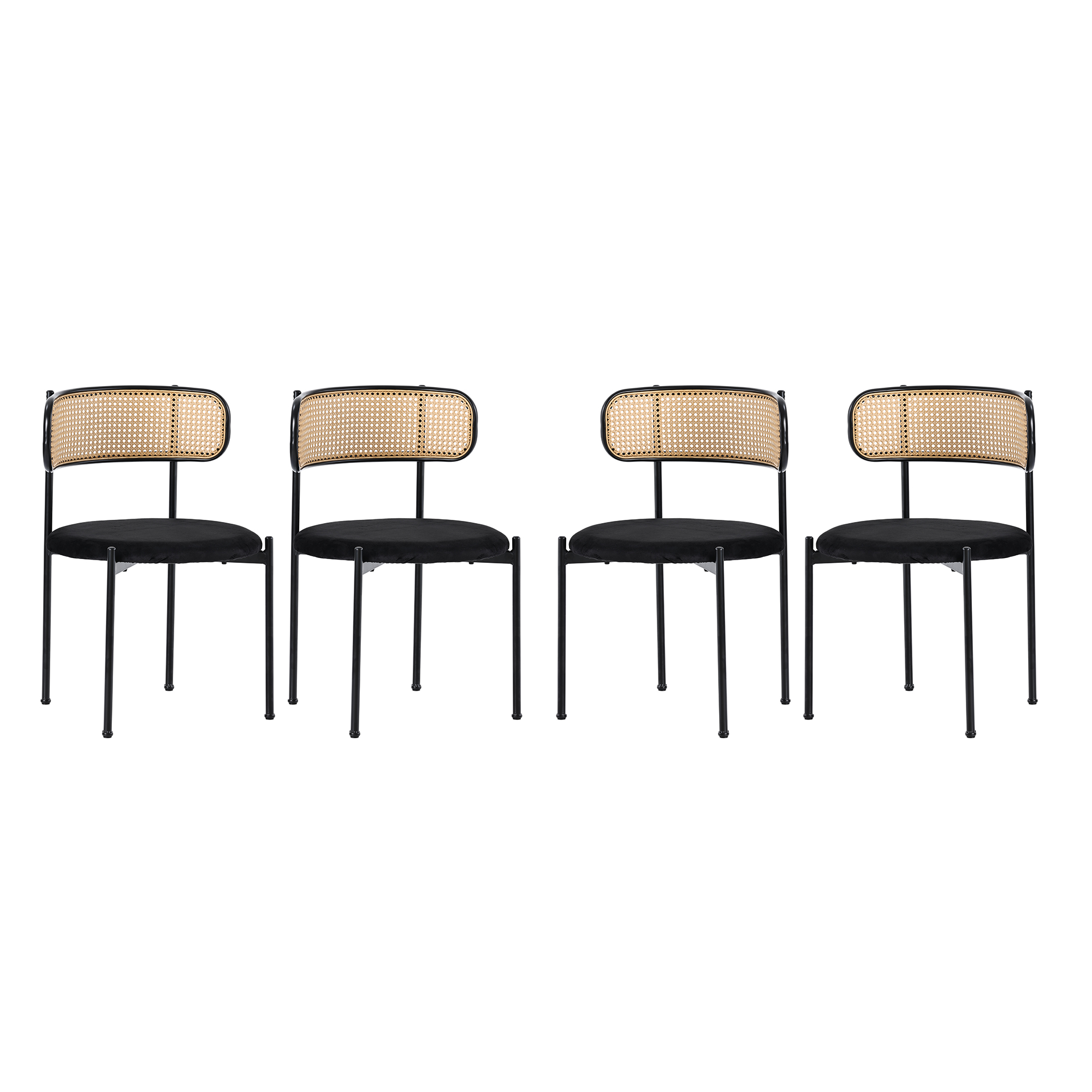 Chaise de salle à manger, lot de 4, détails en rotin, métal et velours, noir - vue 4