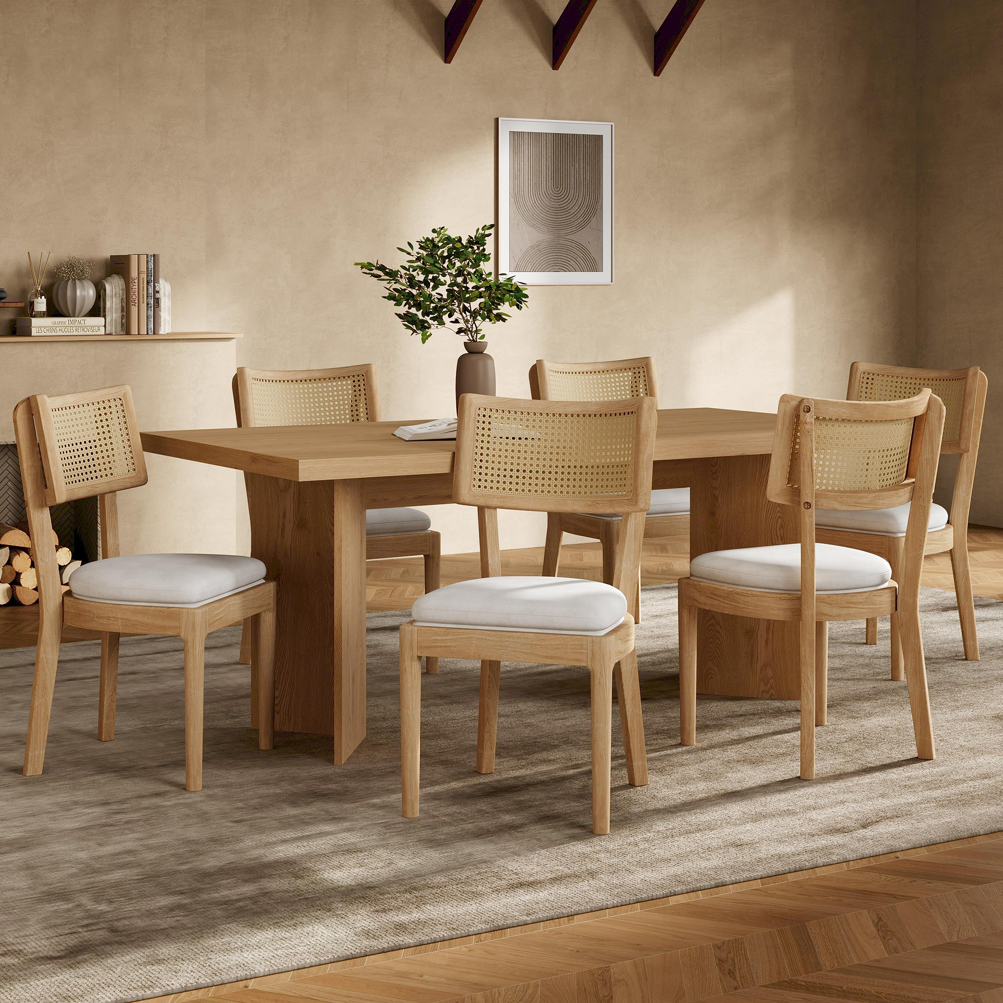 Lot de 2 chaises de salle à manger avec dossier en rotin, 50 x 58 x 88 cm, Effet bois naturel - vue principale