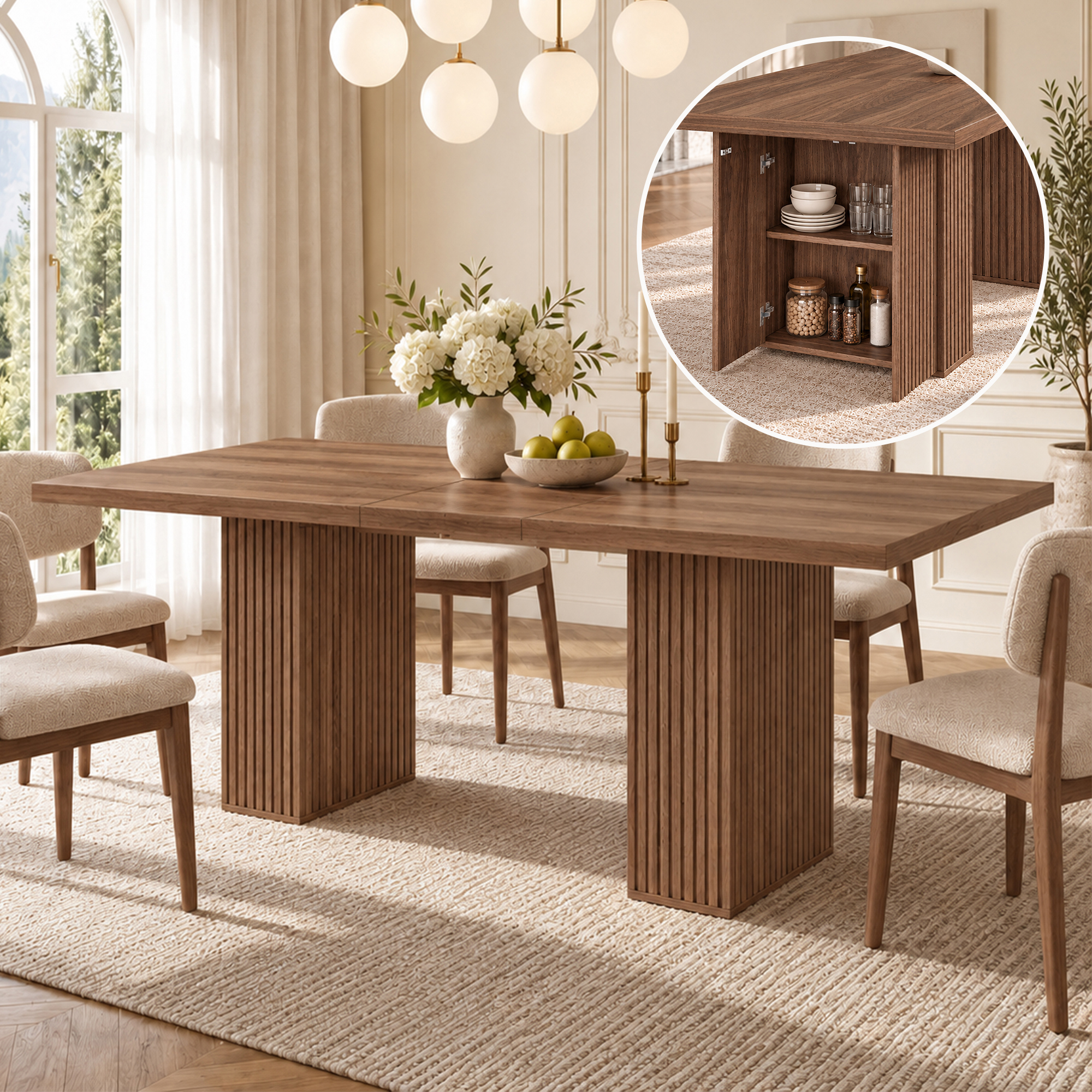 Table noyer avec vue d’un placard ouvert