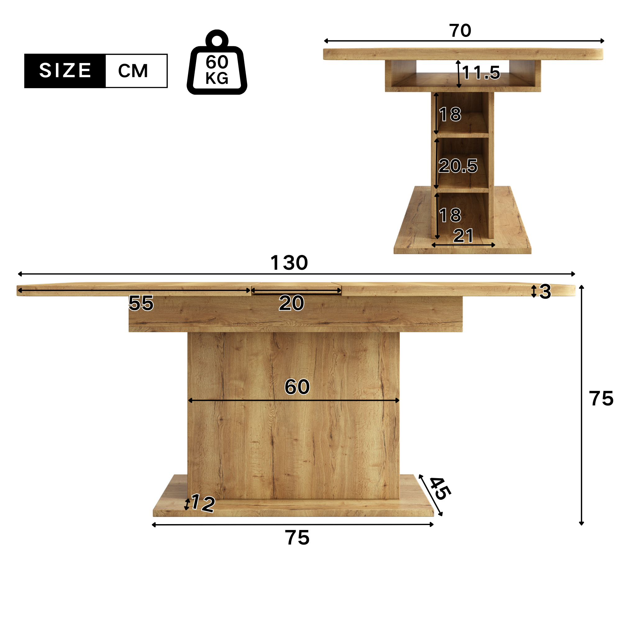 Table à manger extensible, rangement intégré, 130 x 70 x 75 cm, panneaux de particules et métal, bois naturel - vue 6