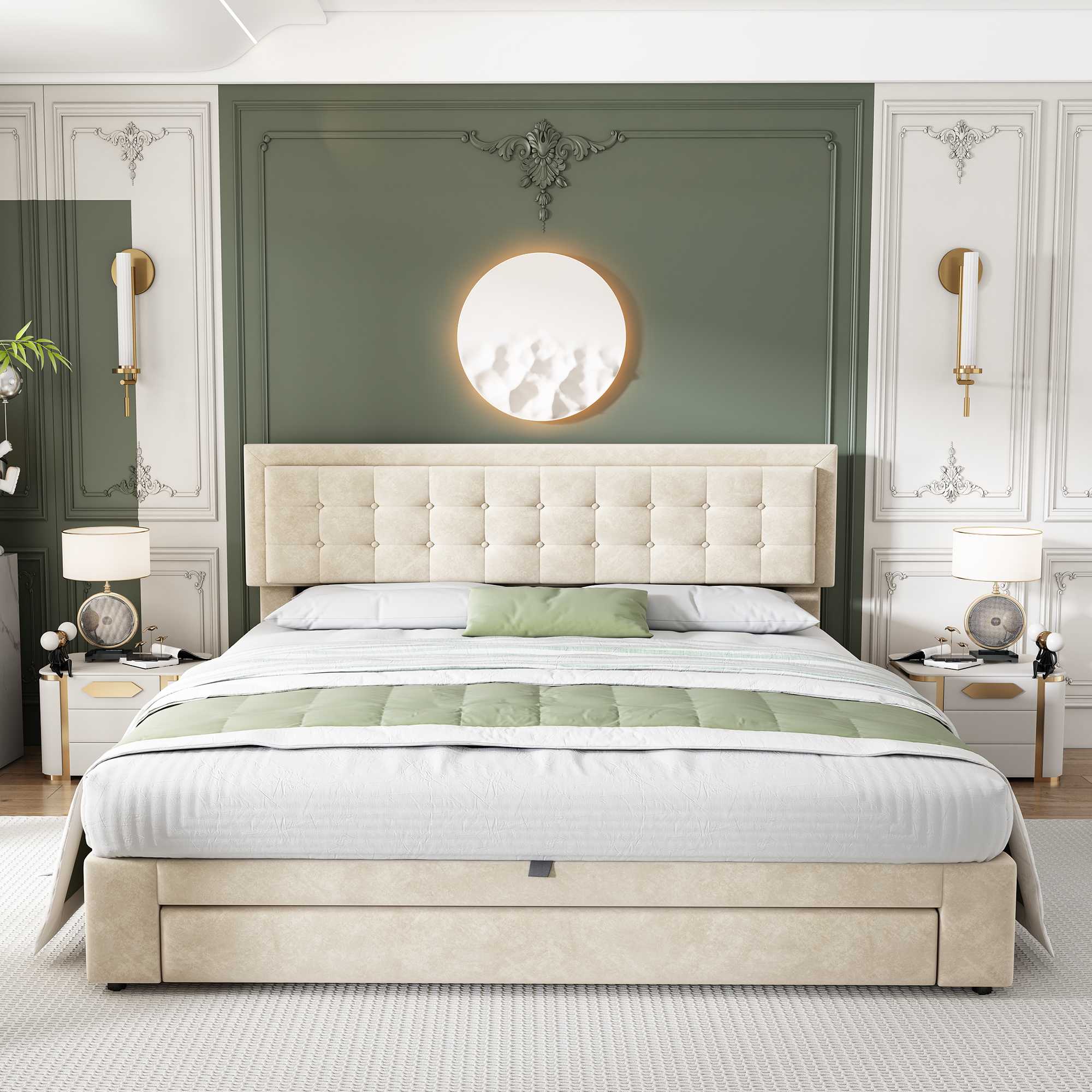 Bett mit Kasten und Schubladen, Samtstoff, Polster