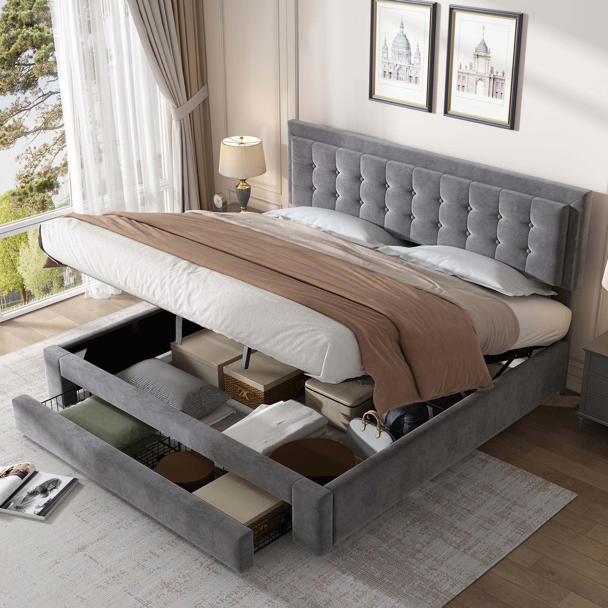 Bett mit Kasten und Schubladen, Samtstoff, Polster