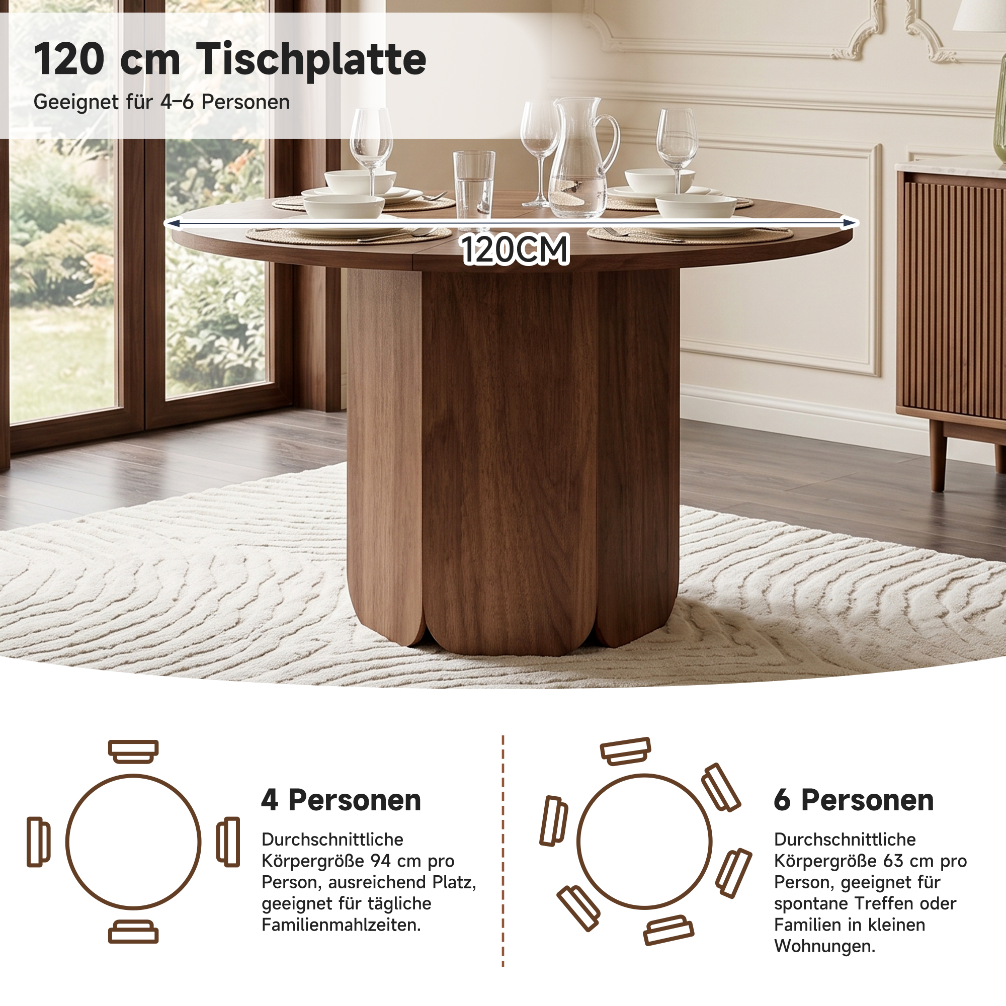 Table à manger ronde Ø120 x H75 cm pour 4 à 6 personnes, MDF, Effet noyer - dimensions et détails