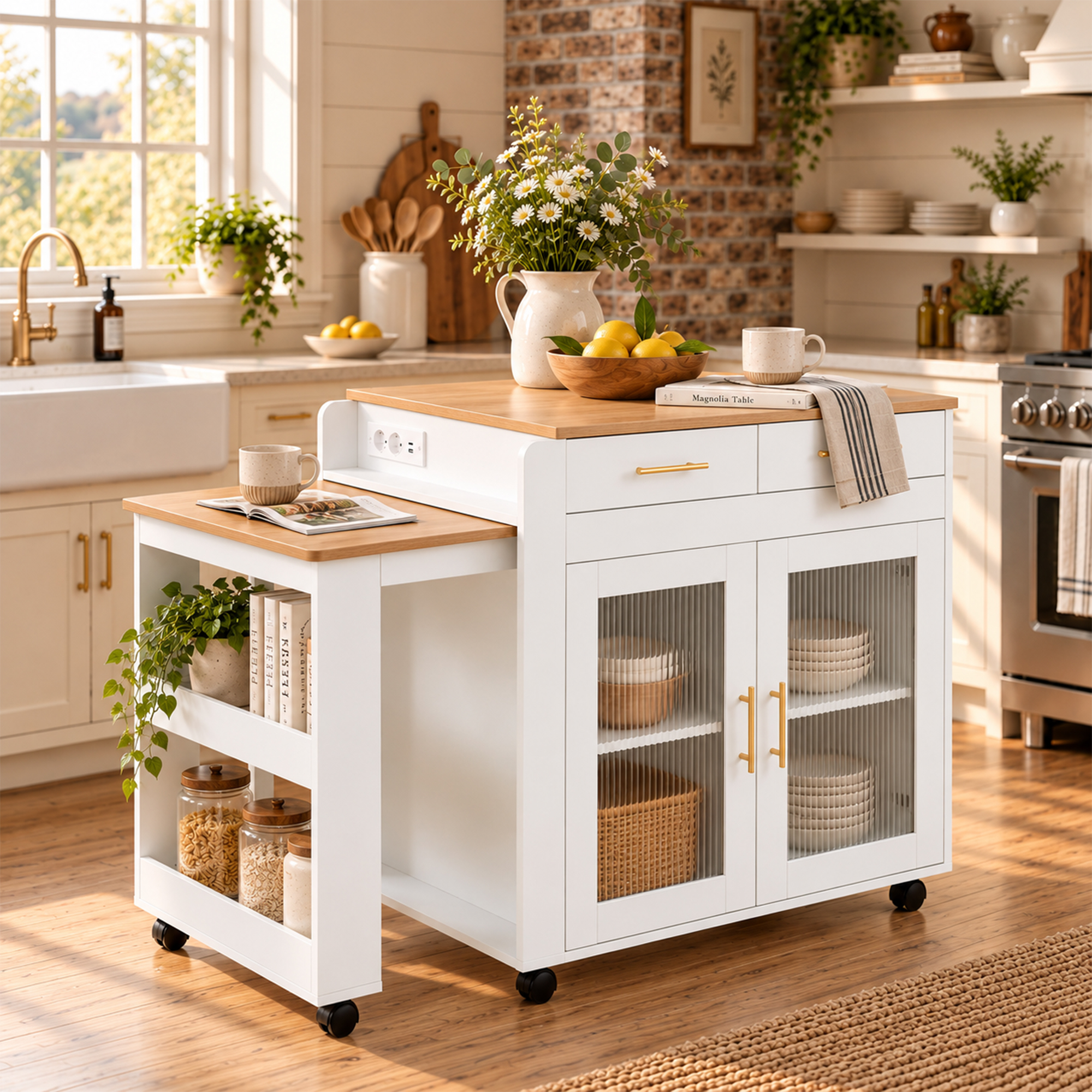 Îlot de cuisine, ports USB, 177 x 60 x 89,5 cm, panneaux de particules, blanc - vue 2