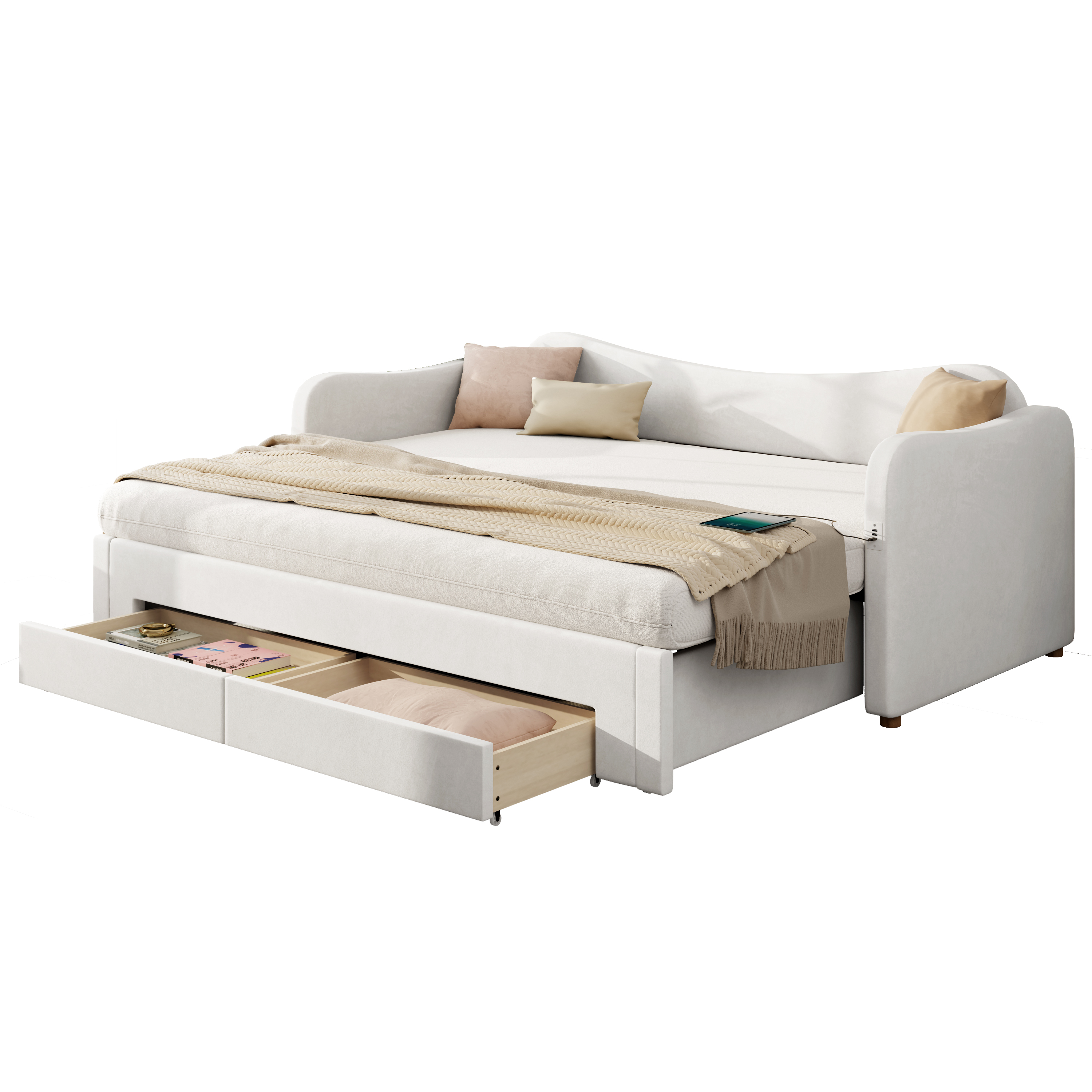 Lit jour design beige velours moderne