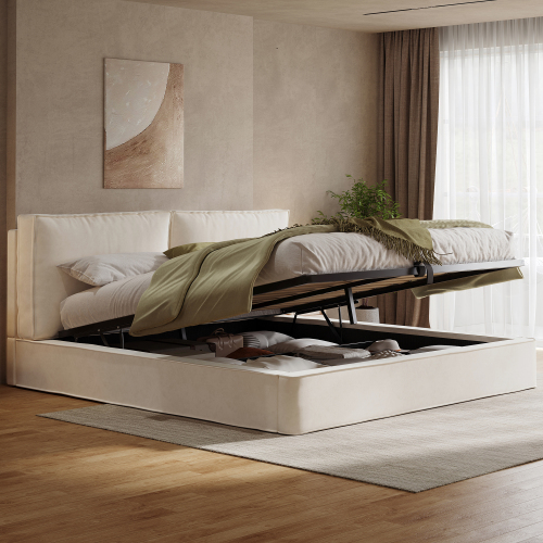 Lit coffre beige avec espace de rangement hydraulique