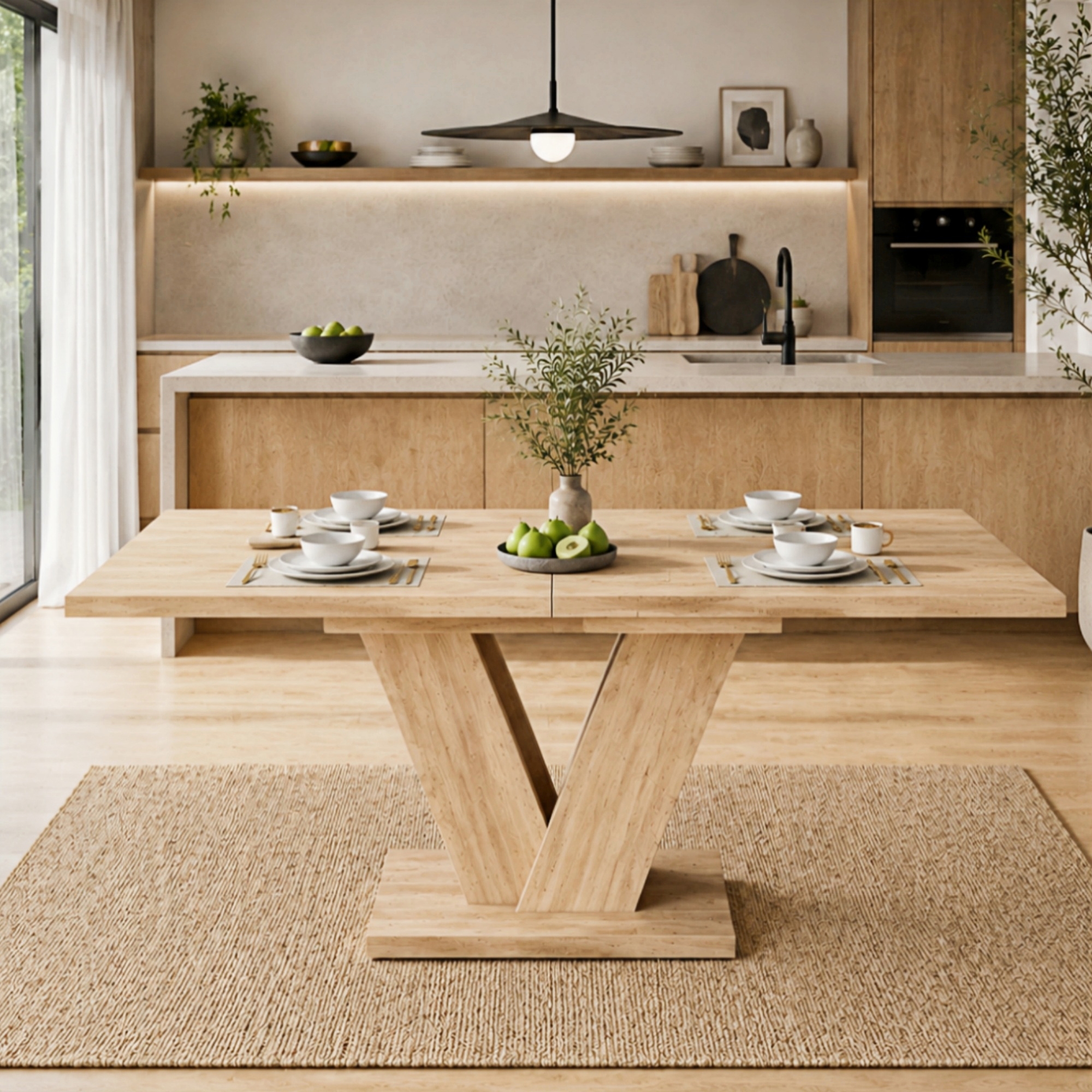 Vue de face de la table effet chêne