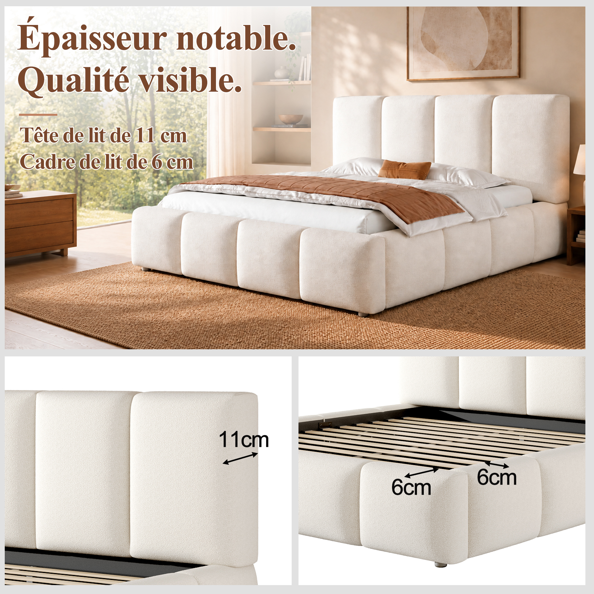 Détails de lit coffre 160x200 cm blanc en bouclé avec rangement hydraulique LED et tête de lit rembourrée