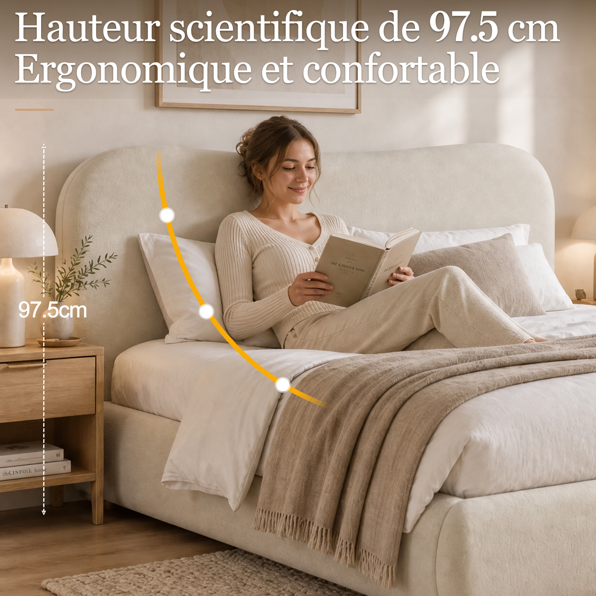 Lit coffre 160x200 cm beige en bois avec rangement hydraulique LED et tête de lit rembourrée