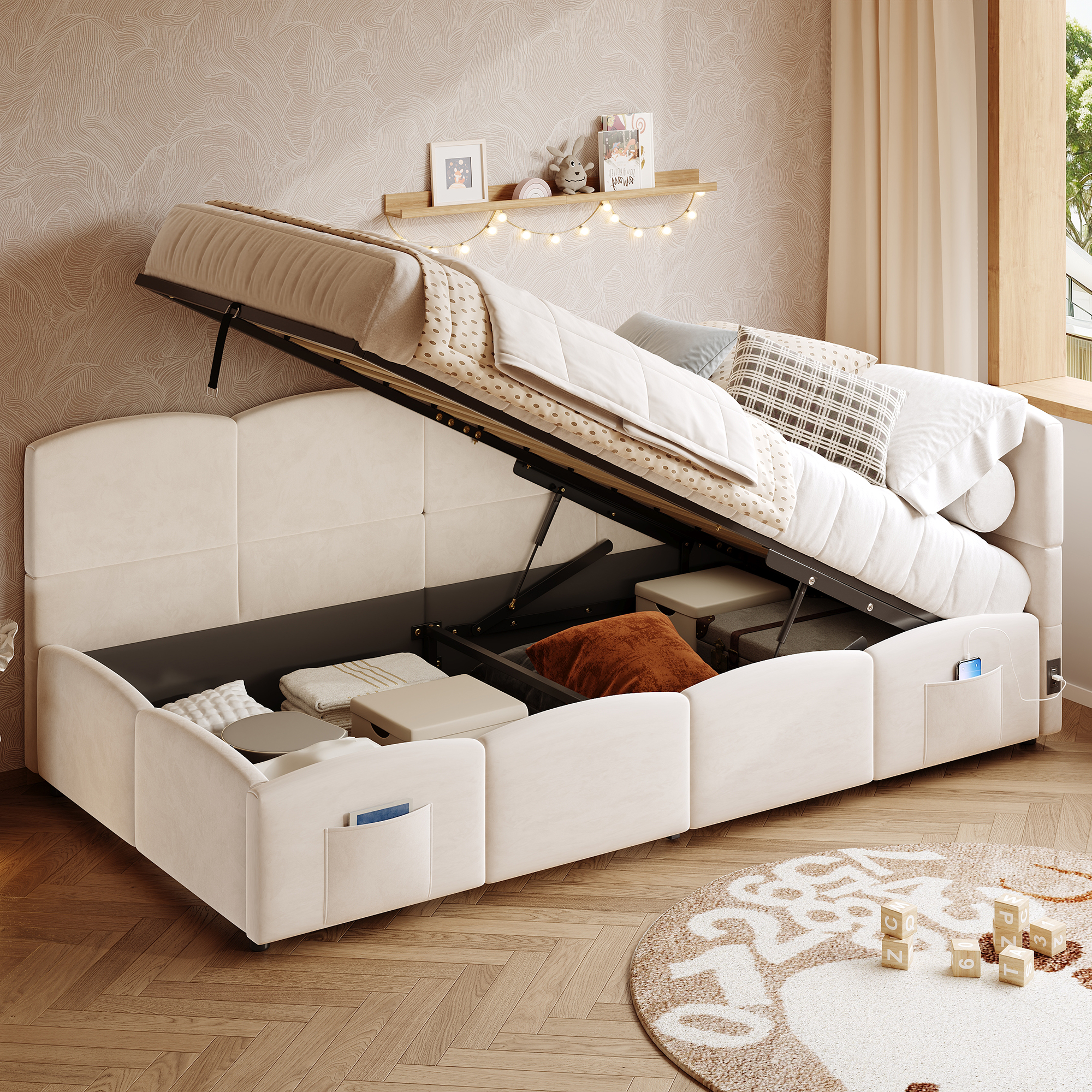 Polsterbett,Kinderbett, Einzelbett, Stauraumbett, 