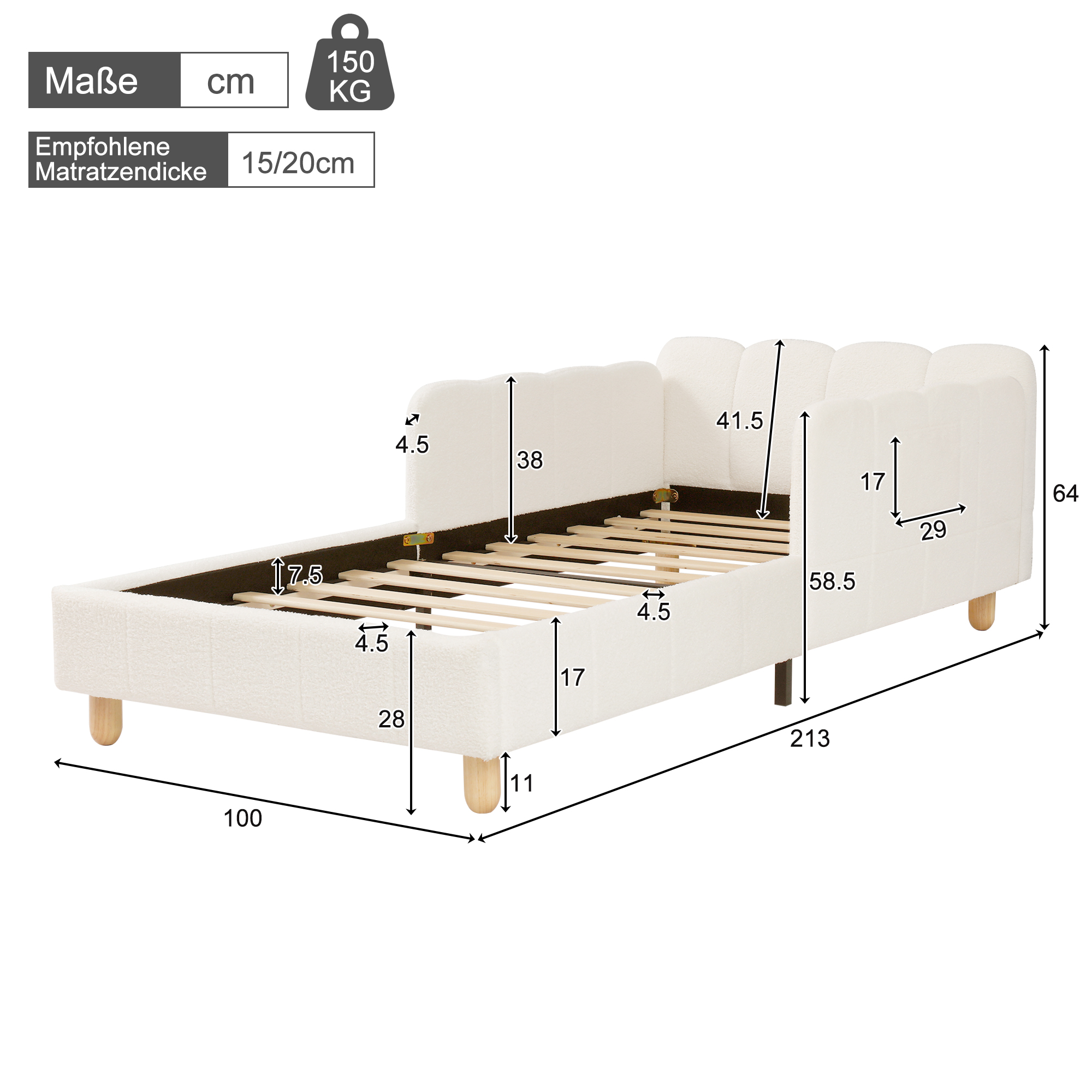 Lit enfant, assise rembourrée, tête de lit, 90 x 200 cm, bois massif, beige - vue 5