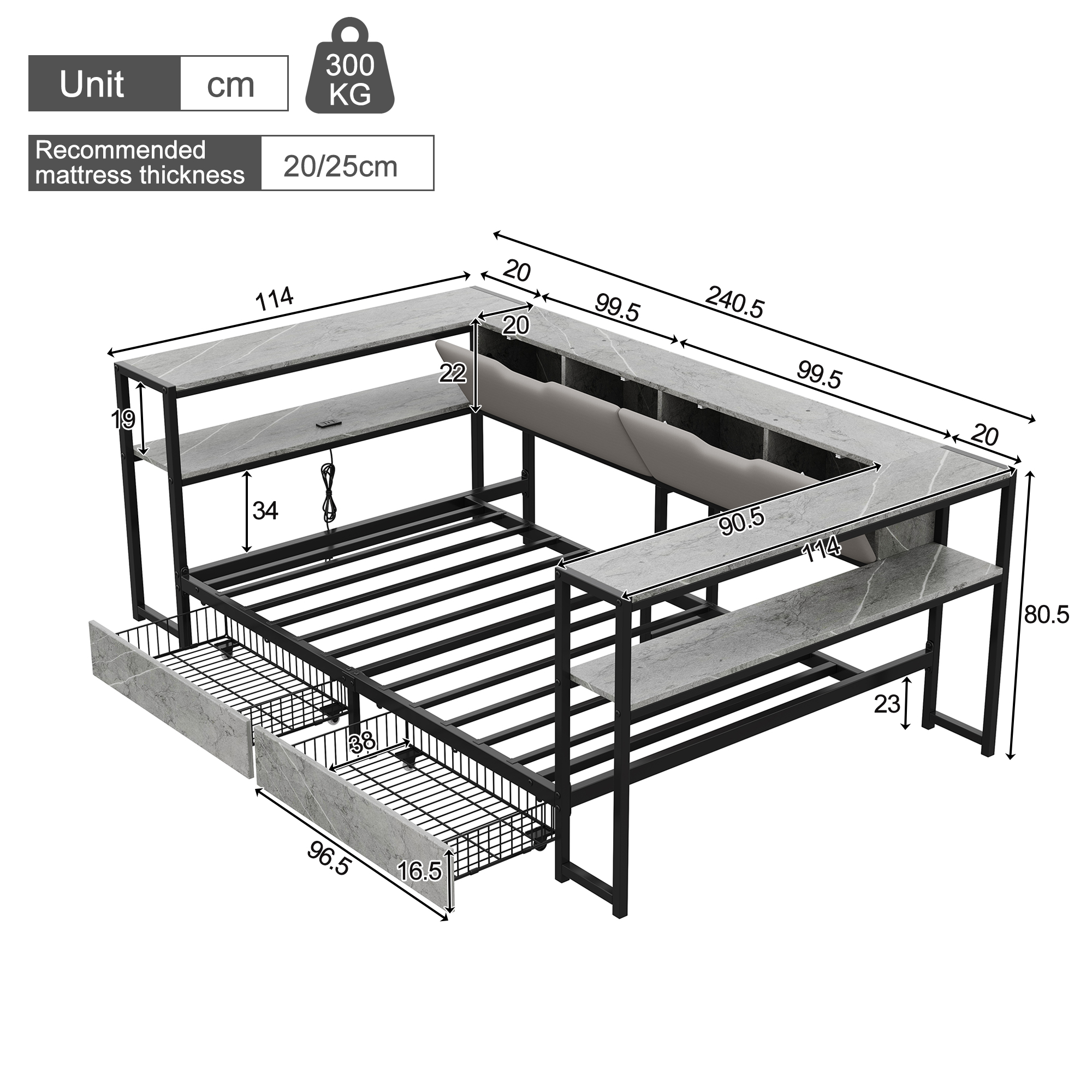 Dimensions lit jour 90x200 gris beton
