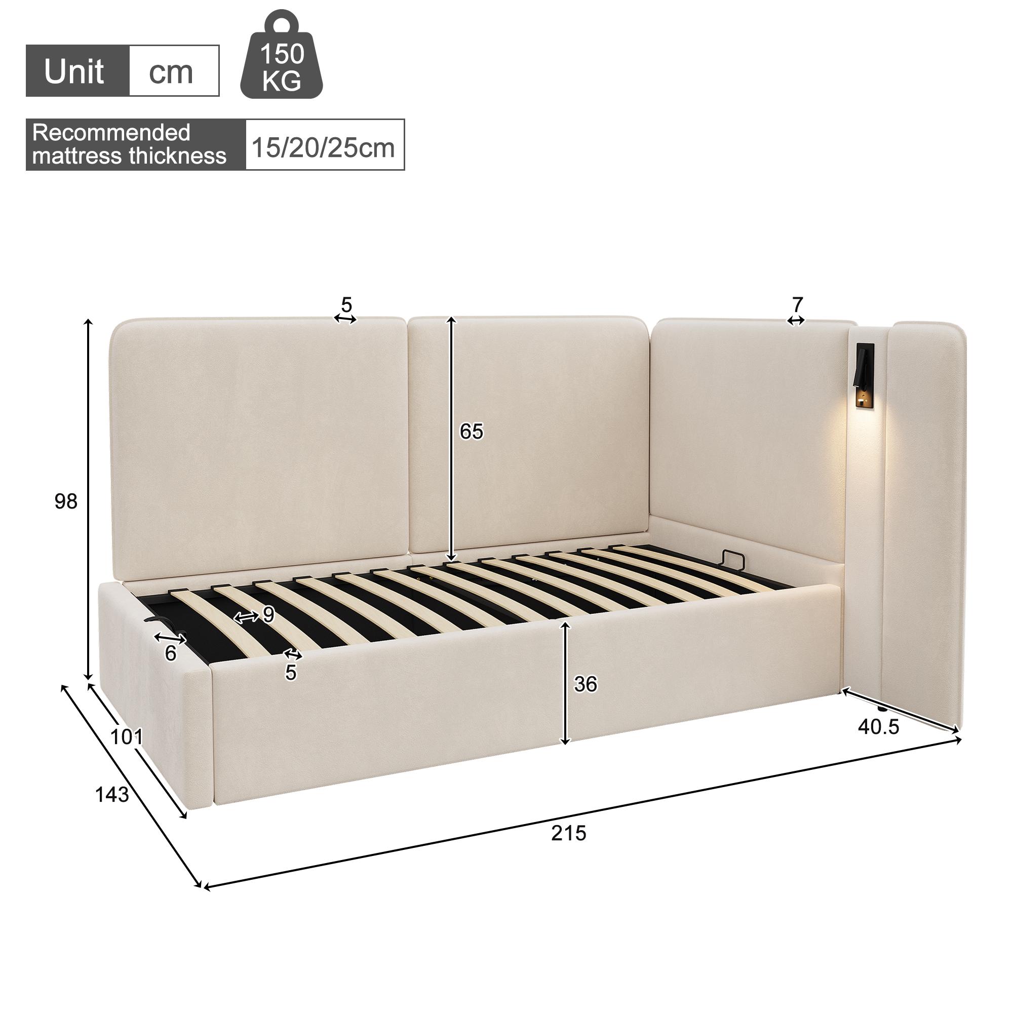 Dimensions lit jour 90x200 beige velours