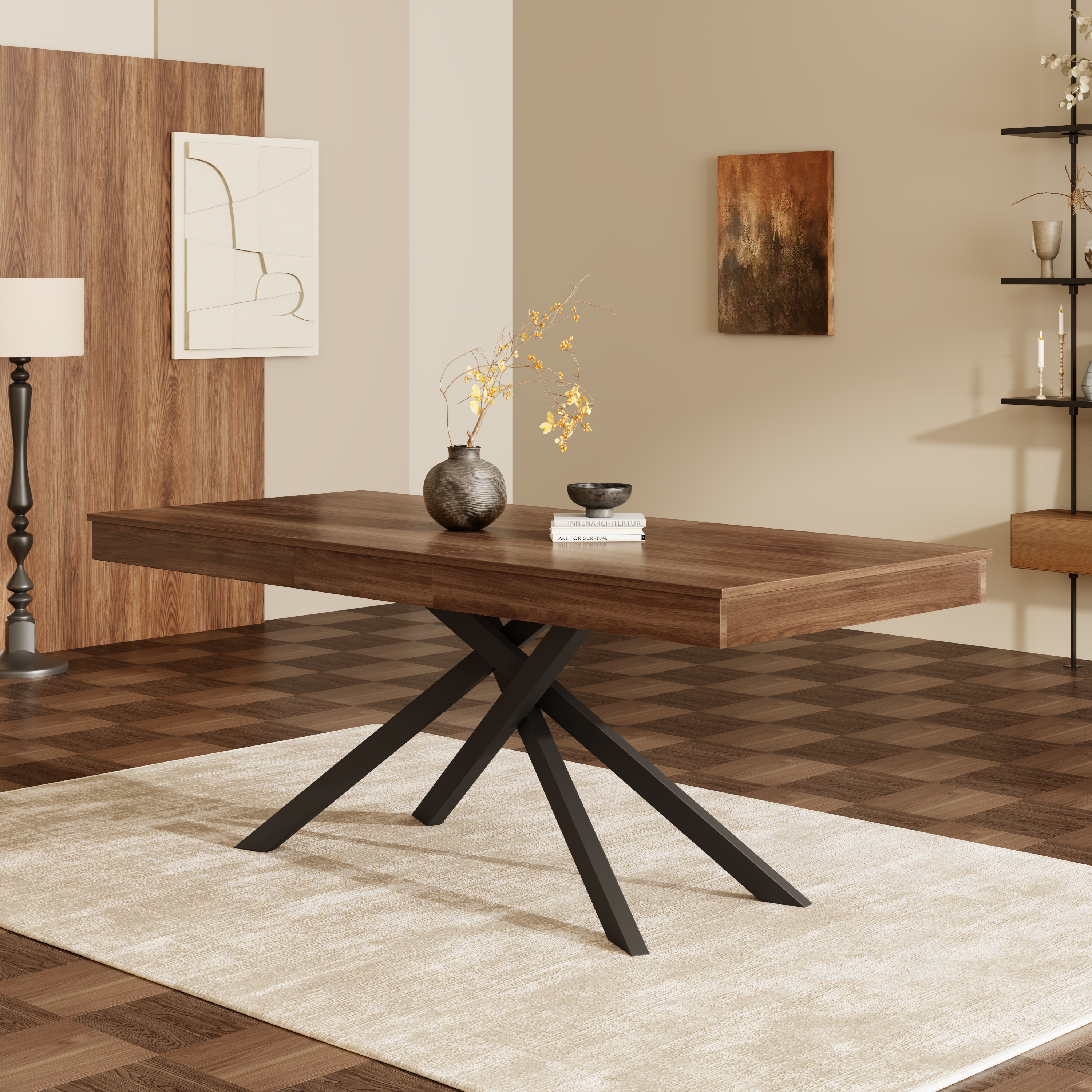 Piètement métallique croisé sous la table