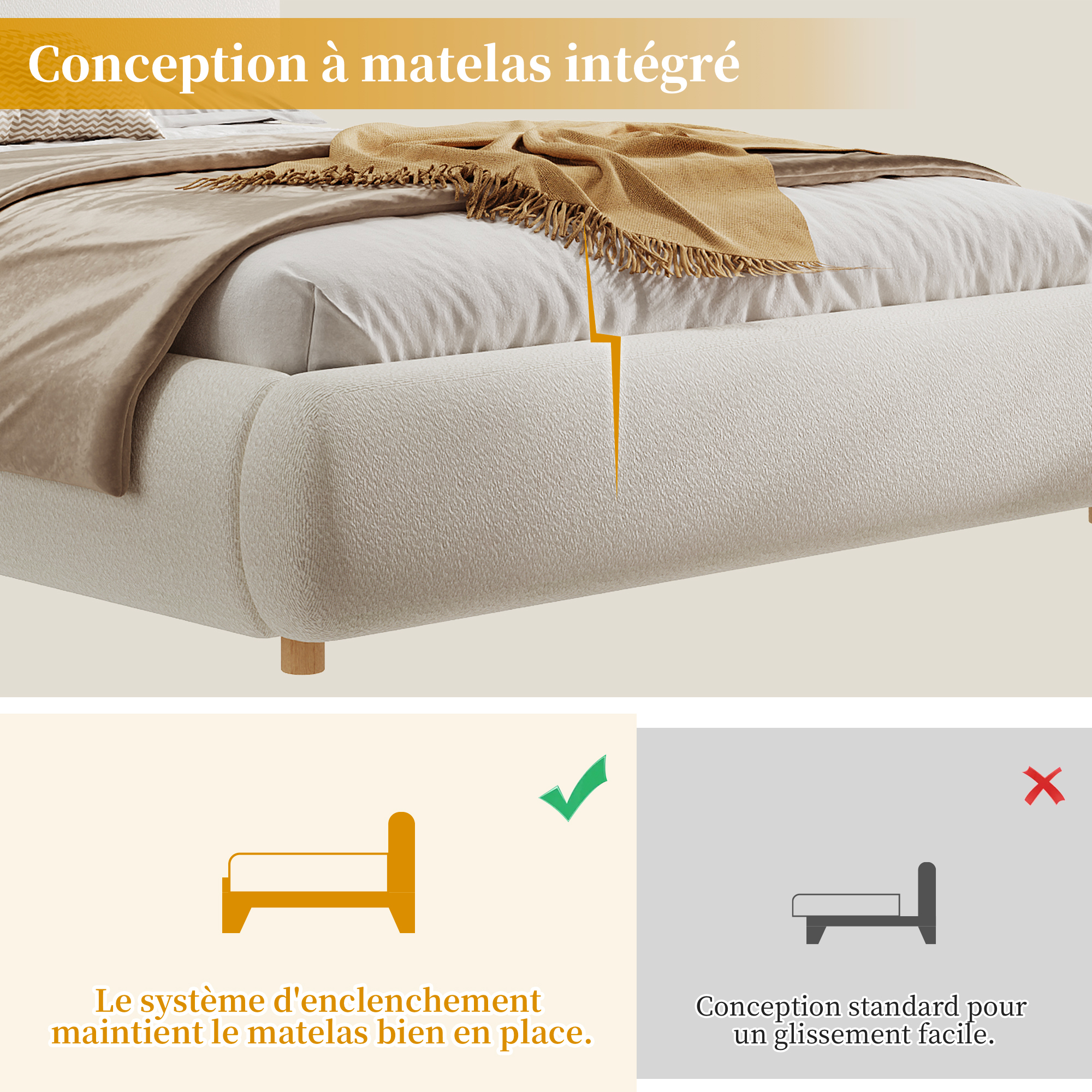 Revêtement bouclé blanc du lit rembourré