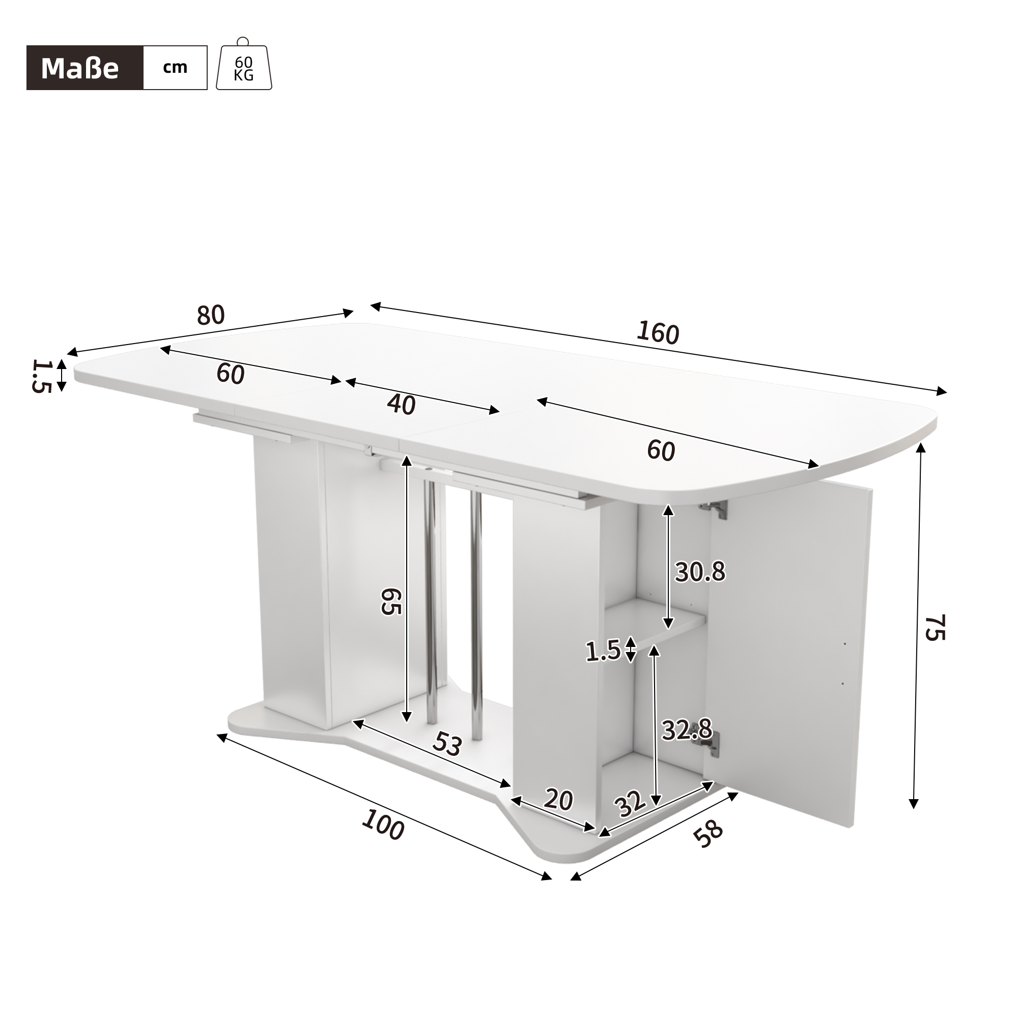 Table à manger extensible, rangement intégré, 160 x 80 x 75 cm, métal et MDF, argenté - vue 1