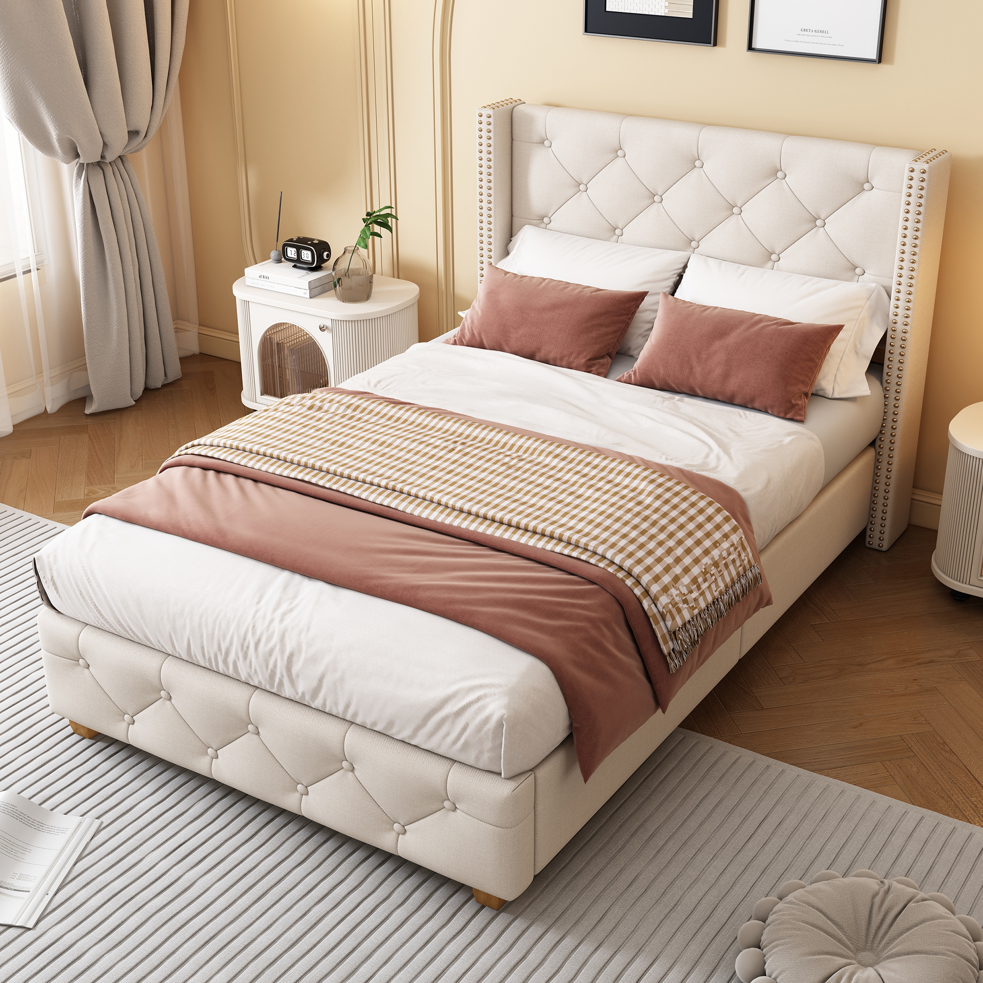 Lit rembourré en lin 90 x 200 cm avec sommier à lattes, Beige