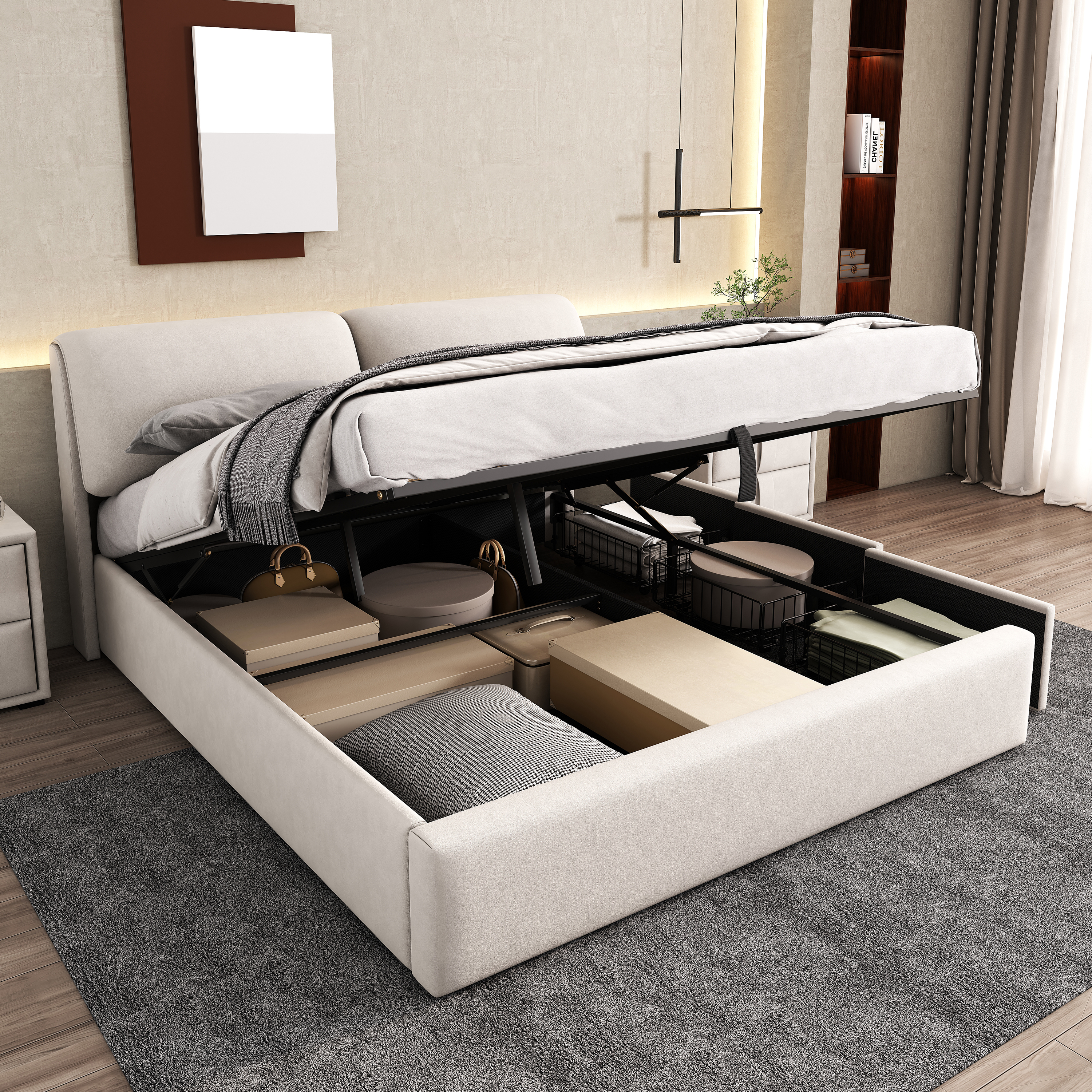 Lit coffre 180x200 beige velours 3 tiroirs hydraulique