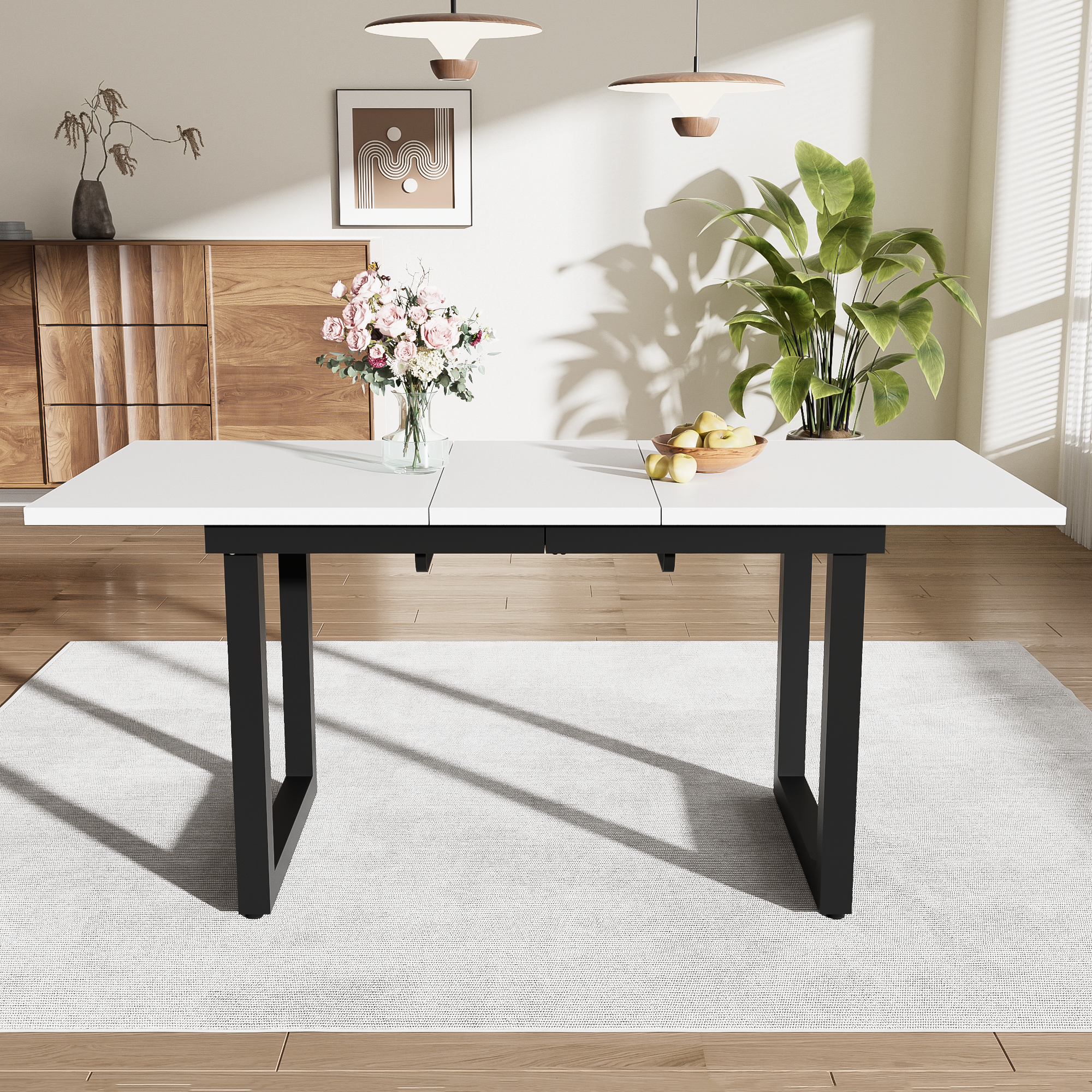 Table à manger extensible design industriel blanc et noir, pour salle à manger et cuisine, design unique, lignes claires, utilisation flexible, style moderne, stabilité, facile entretien, décoration, fonctionnalité - image 2