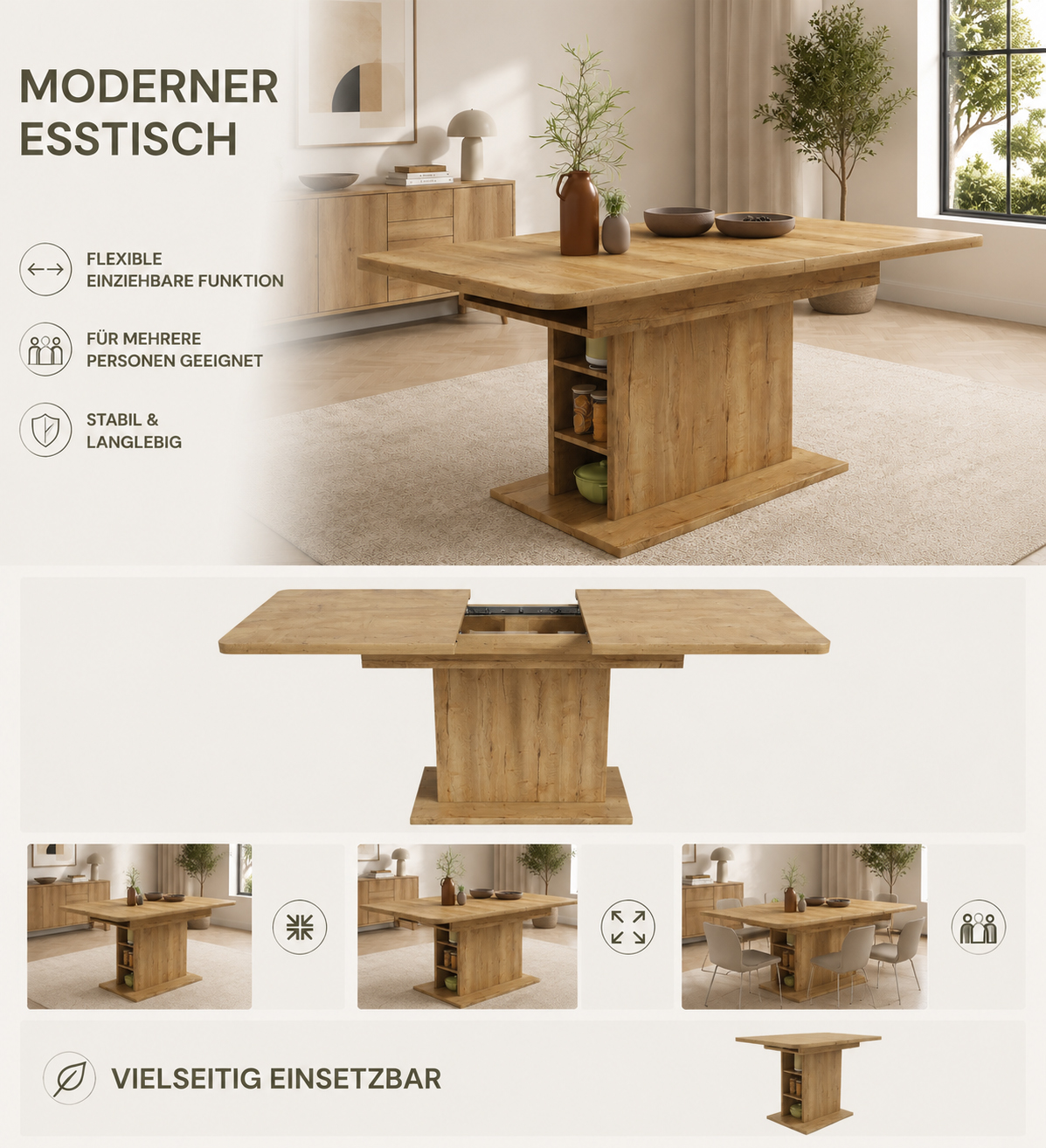 Table à manger extensible, rangement intégré, 130 x 70 x 75 cm, panneaux de particules et métal, bois naturel - vue 9