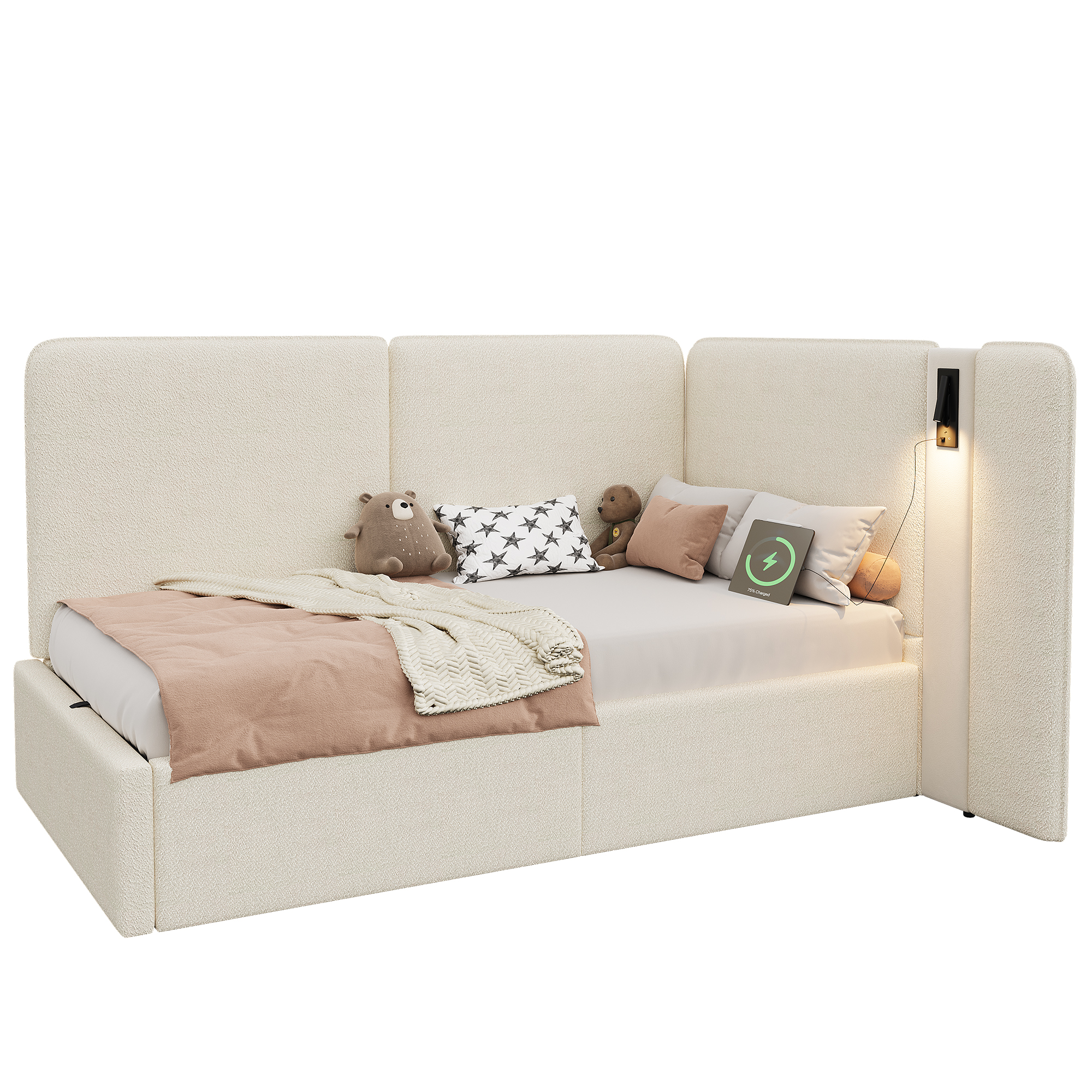 Lit jour design beige boucle moderne