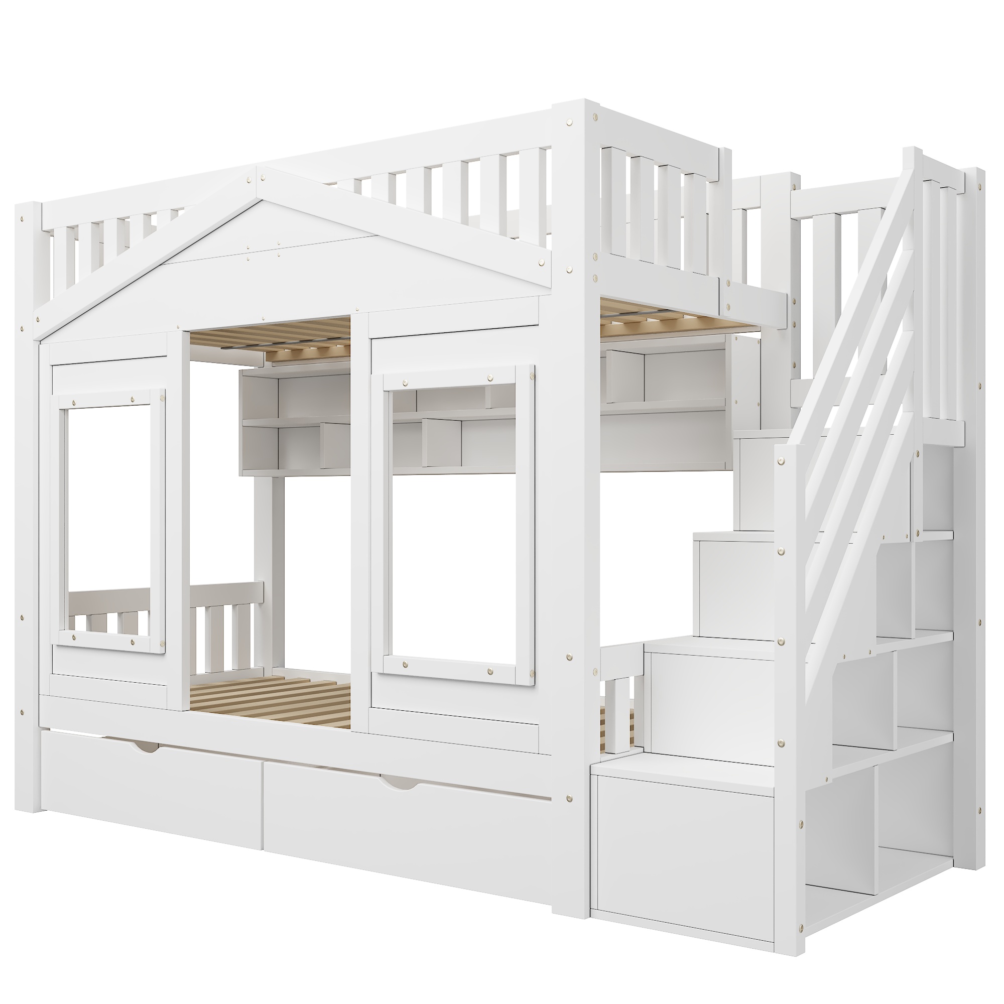Lit superposé 90 x 200 cm, escalier de rangement, 1 tiroir, design cabane, garde-corps, bois massif et MDF, blanc, 254 x 97 x 170 cm 🏠 - points forts 1