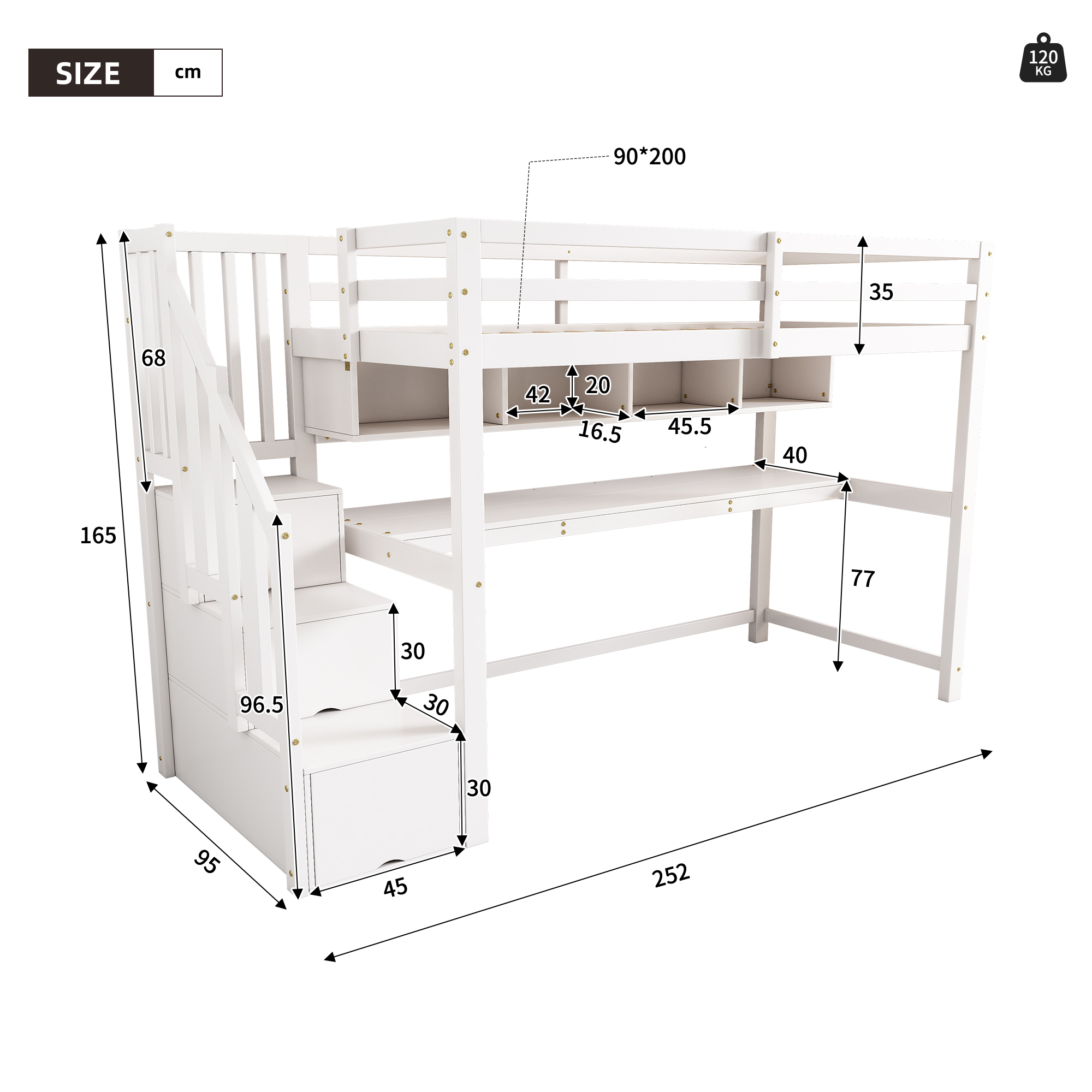 Dimensions lit mezzanine 90x200cm