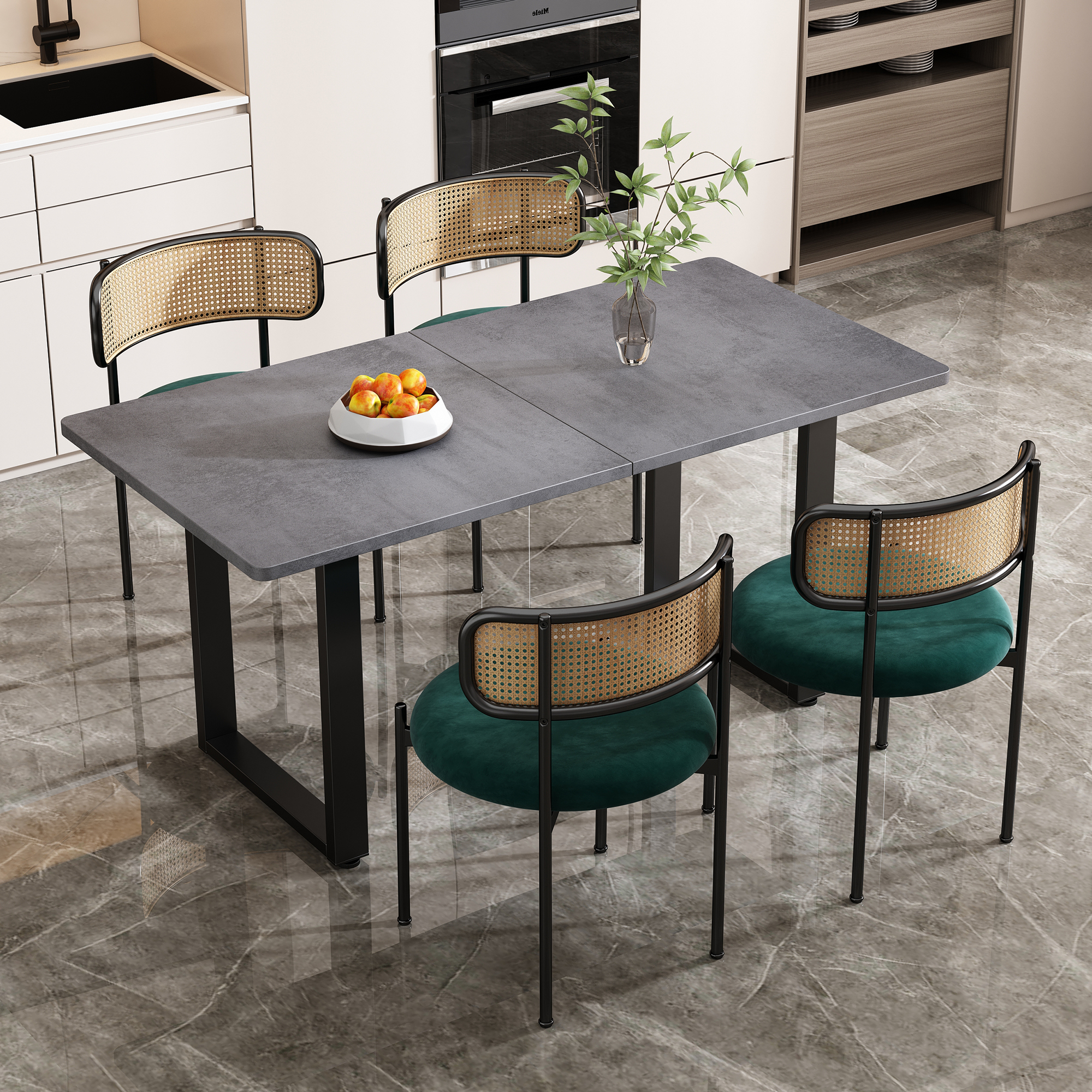 Chaise de salle à manger, lot de 4, détails en rotin, métal, vert - vue 1