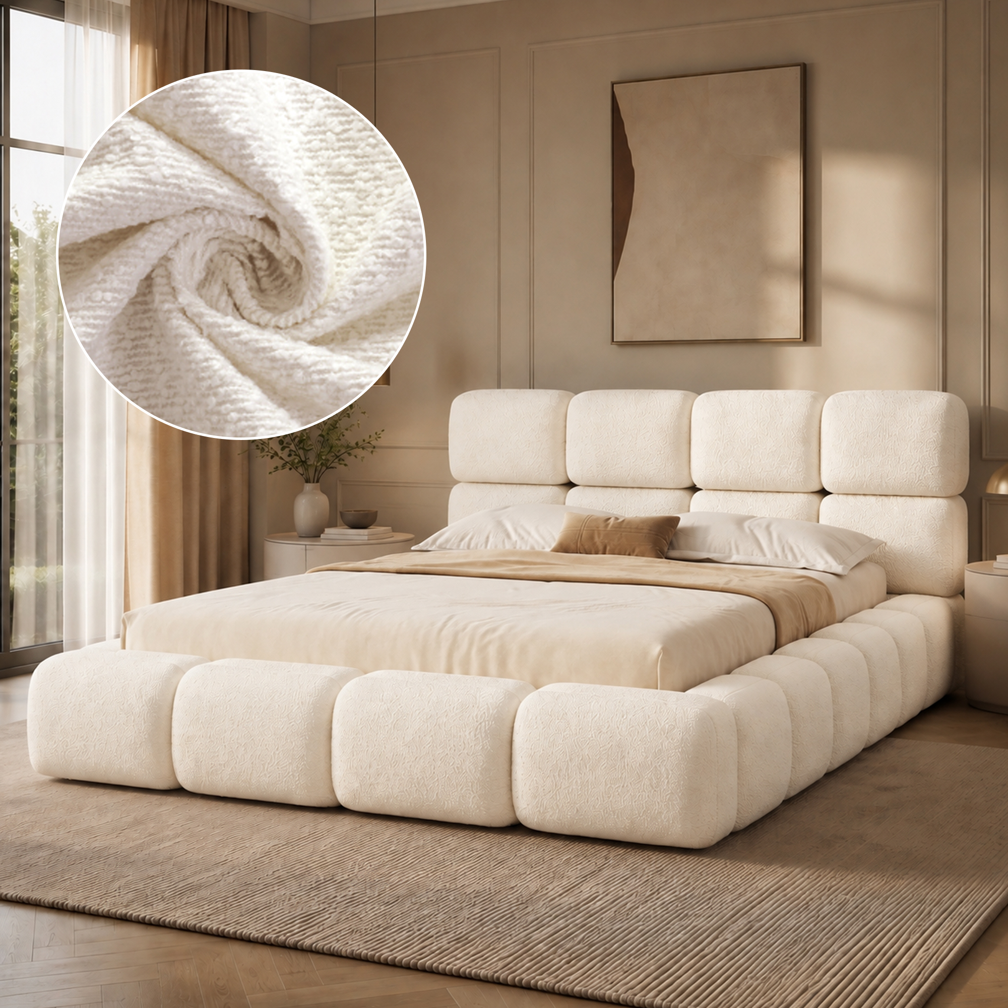 Lit double rembourré en bouclé 160 x 200 cm, sommier à lattes, tête de lit épaisse, design arrondi, Blanc - vue principale