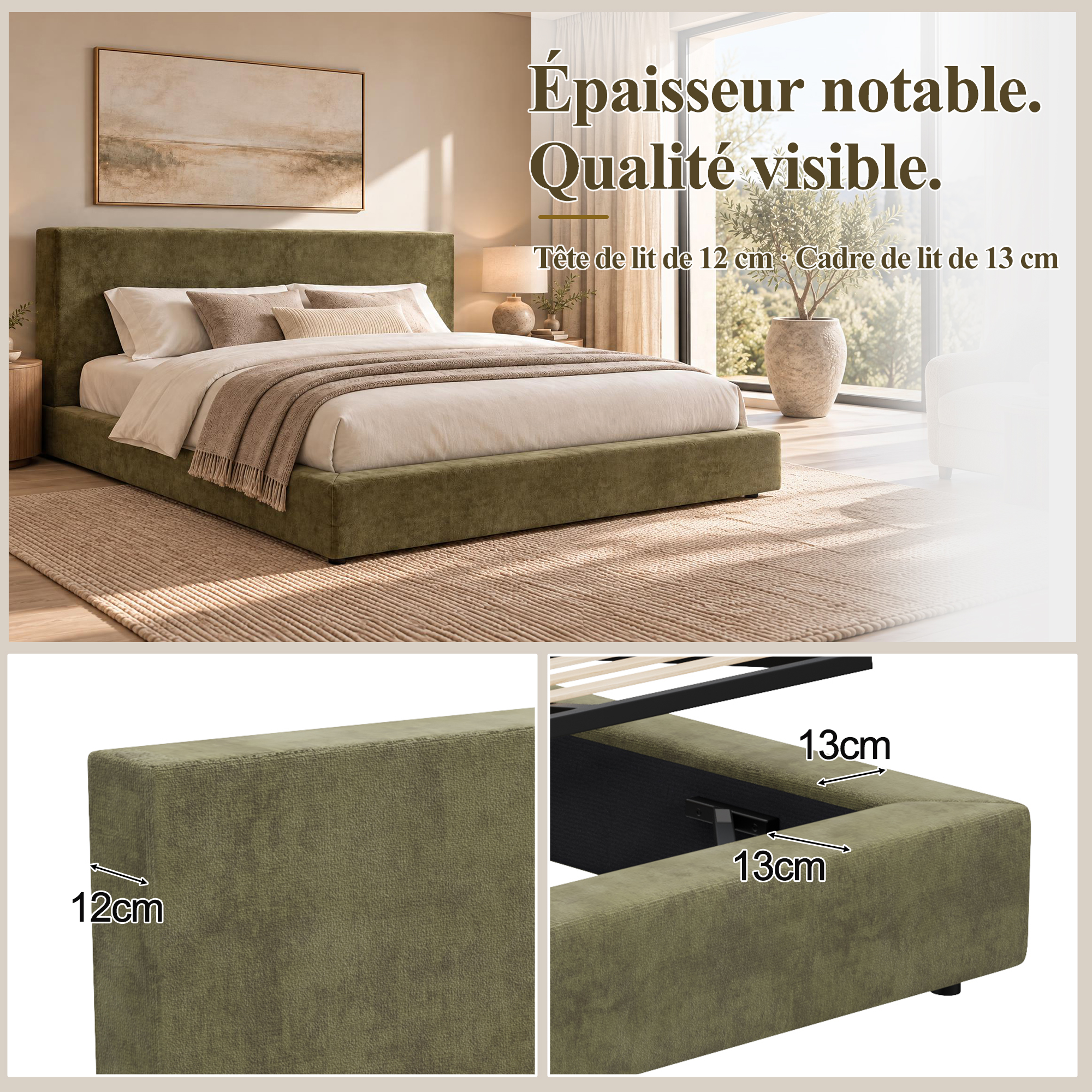 Lit rembourré 160cm x 200cm rangement hydraulique, en chenille, vert olive, sommier à lattes inclus, sans matelas