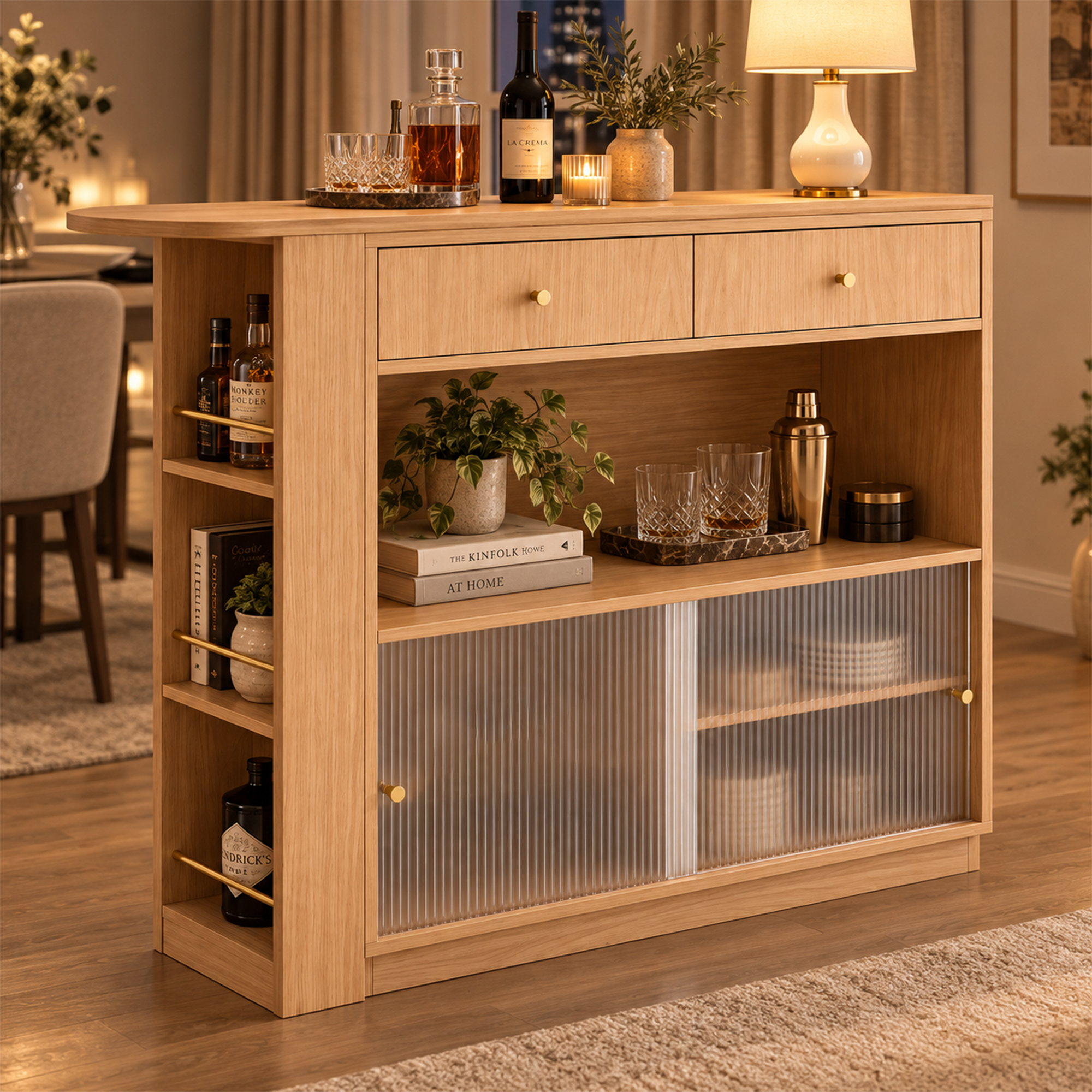 Îlot de cuisine, rotation à 360°, éclairage LED, 120 x 30 x 100 cm, panneaux de particules, chêne - vue 3