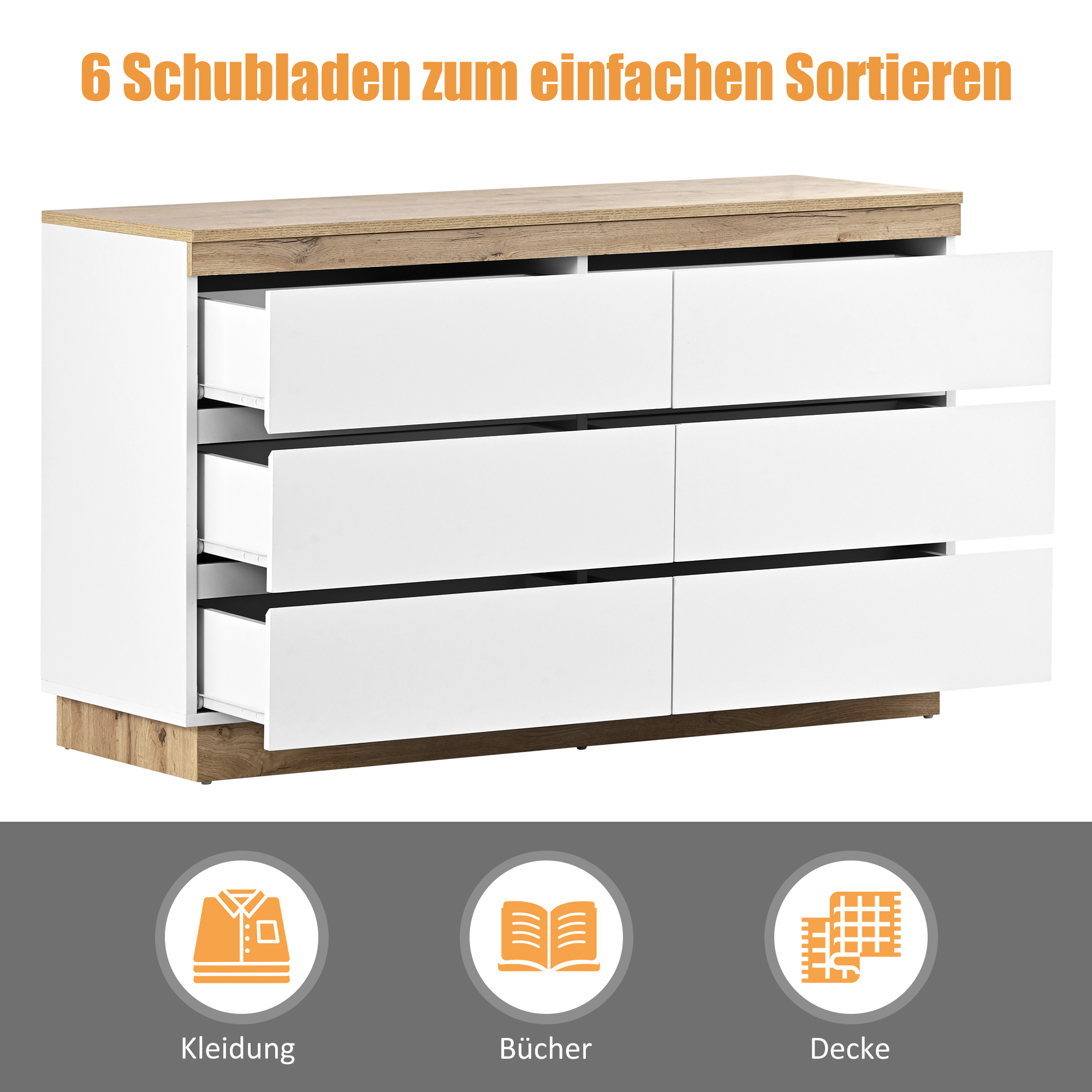Commode, 6 tiroirs, 110 x 40 x 67,5 cm, panneaux de particules, blanc et chêne - vue 5